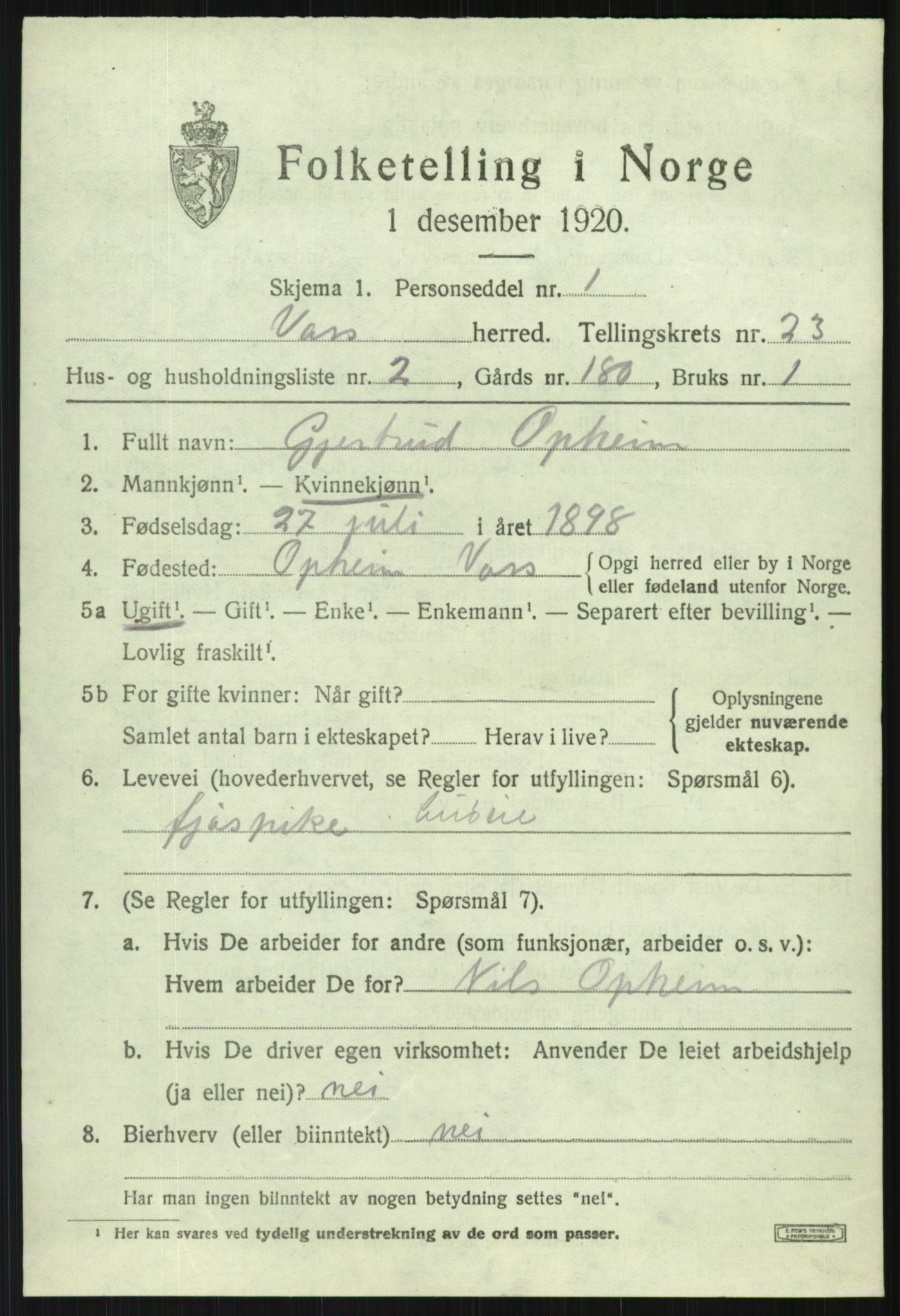 SAB, 1920 census for Voss, 1920, p. 15635