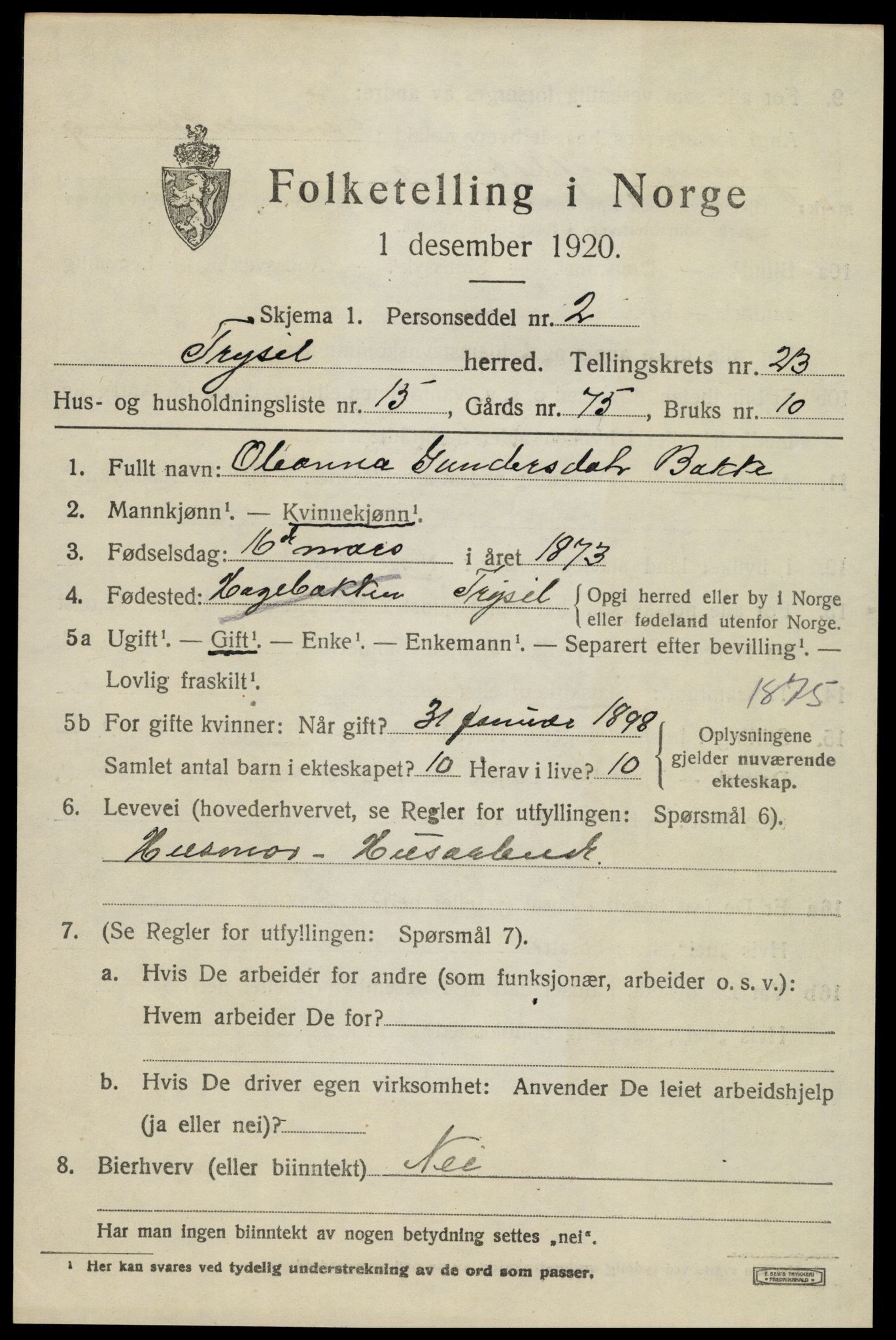 SAH, 1920 census for Trysil, 1920, p. 15007