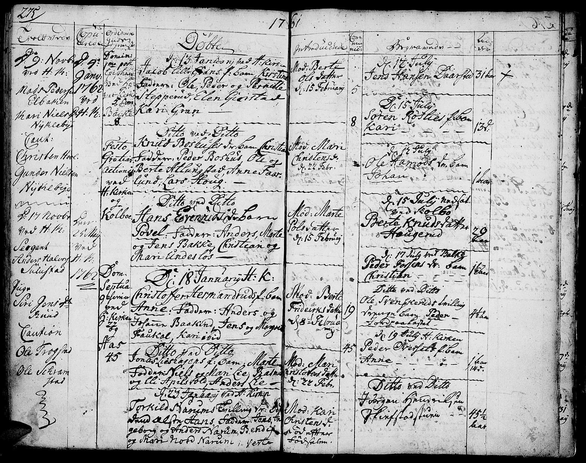 Toten prestekontor, SAH/PREST-102/H/Ha/Haa/L0004: Parish register (official) no. 4, 1751-1761, p. 275