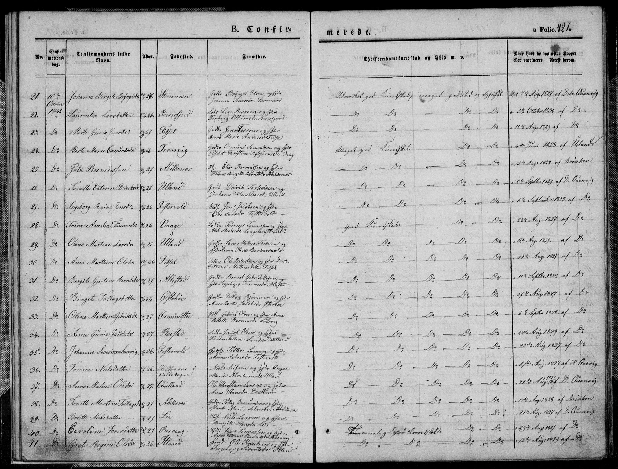 Flekkefjord sokneprestkontor, SAK/1111-0012/F/Fb/Fbb/L0002: Parish register (copy) no. B 2b, 1831-1866, p. 421