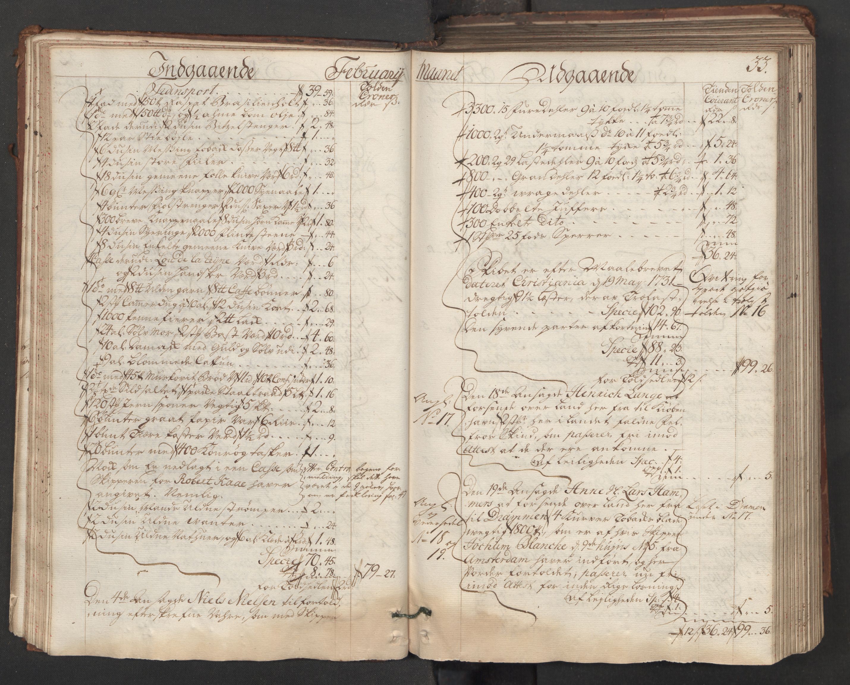 Generaltollkammeret, tollregnskaper, RA/EA-5490/R06/L0015/0001: Tollregnskaper Kristiania / Hovedtollbok, 1733, p. 32b-33a