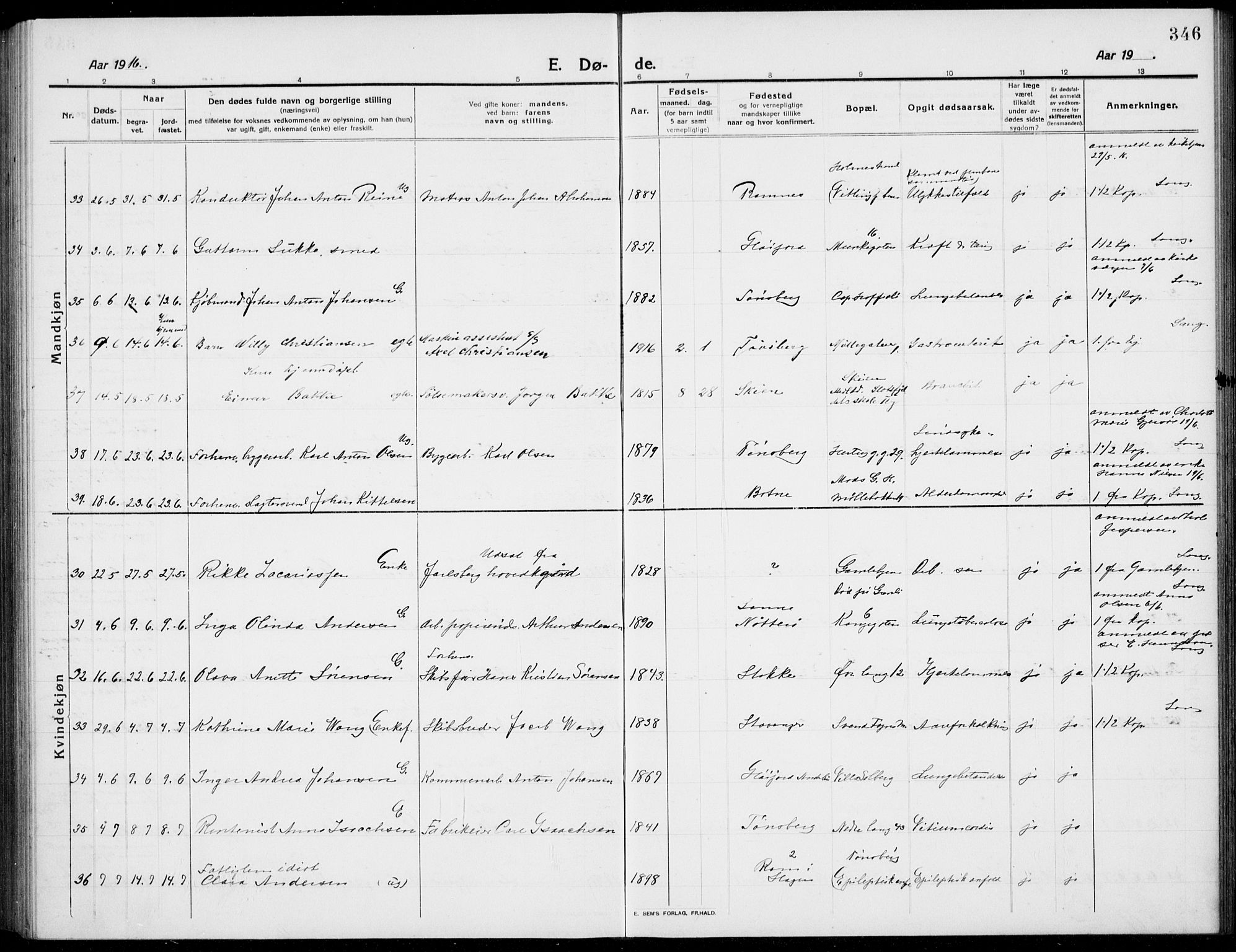 Tønsberg kirkebøker, AV/SAKO-A-330/G/Ga/L0009: Parish register (copy) no. 9, 1913-1920, p. 346