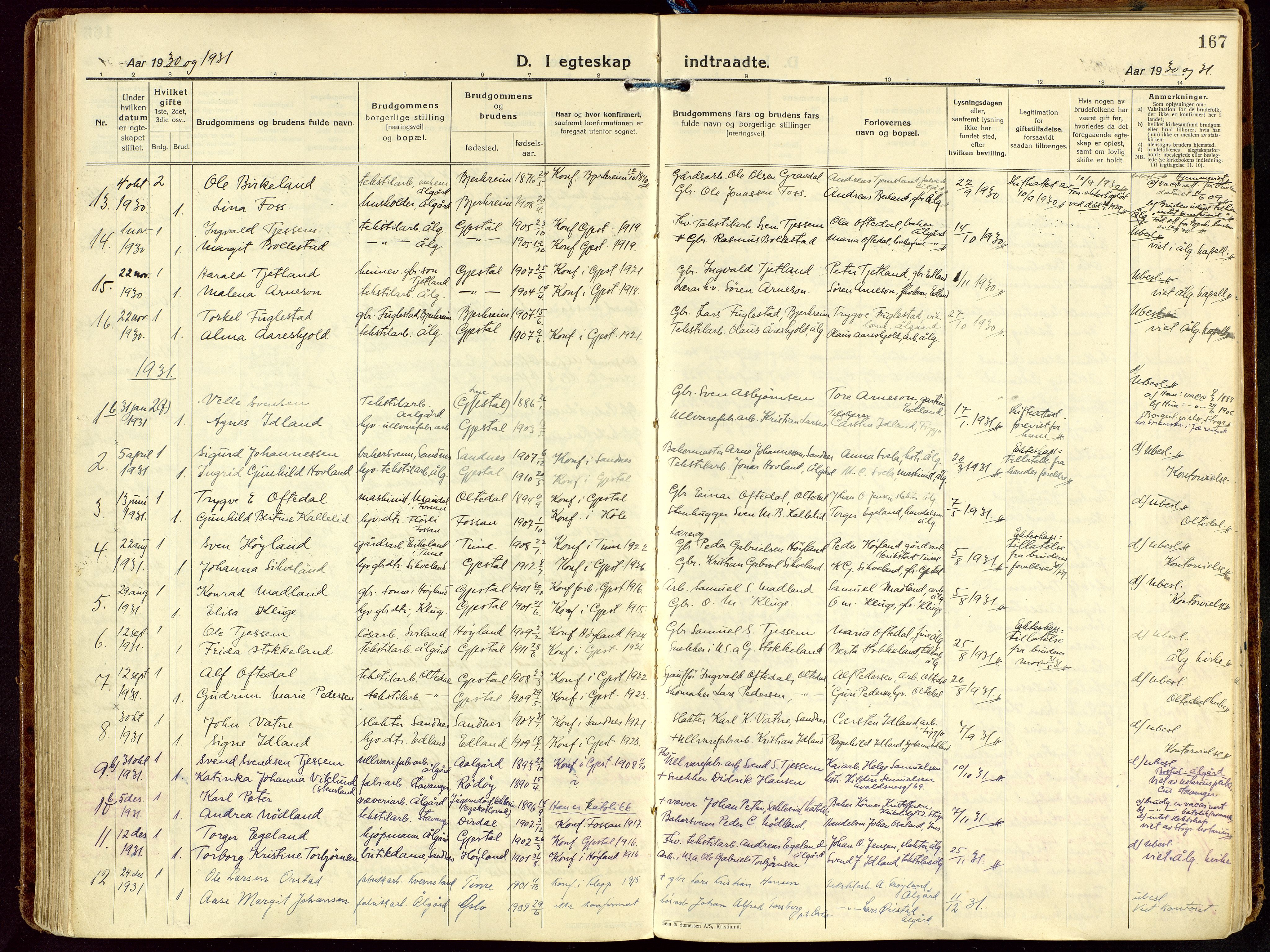 Gjesdal sokneprestkontor, SAST/A-101796/003/O/L0001: Parish register (official) no. A 1, 1925-1949, p. 167