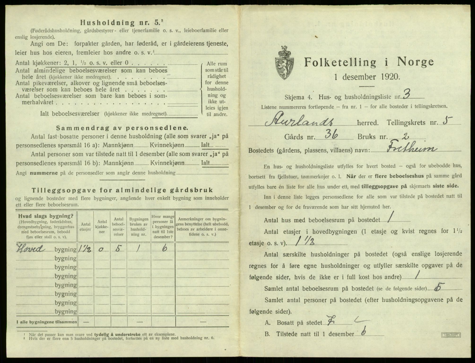 SAB, 1920 census for Aurland, 1920, p. 407