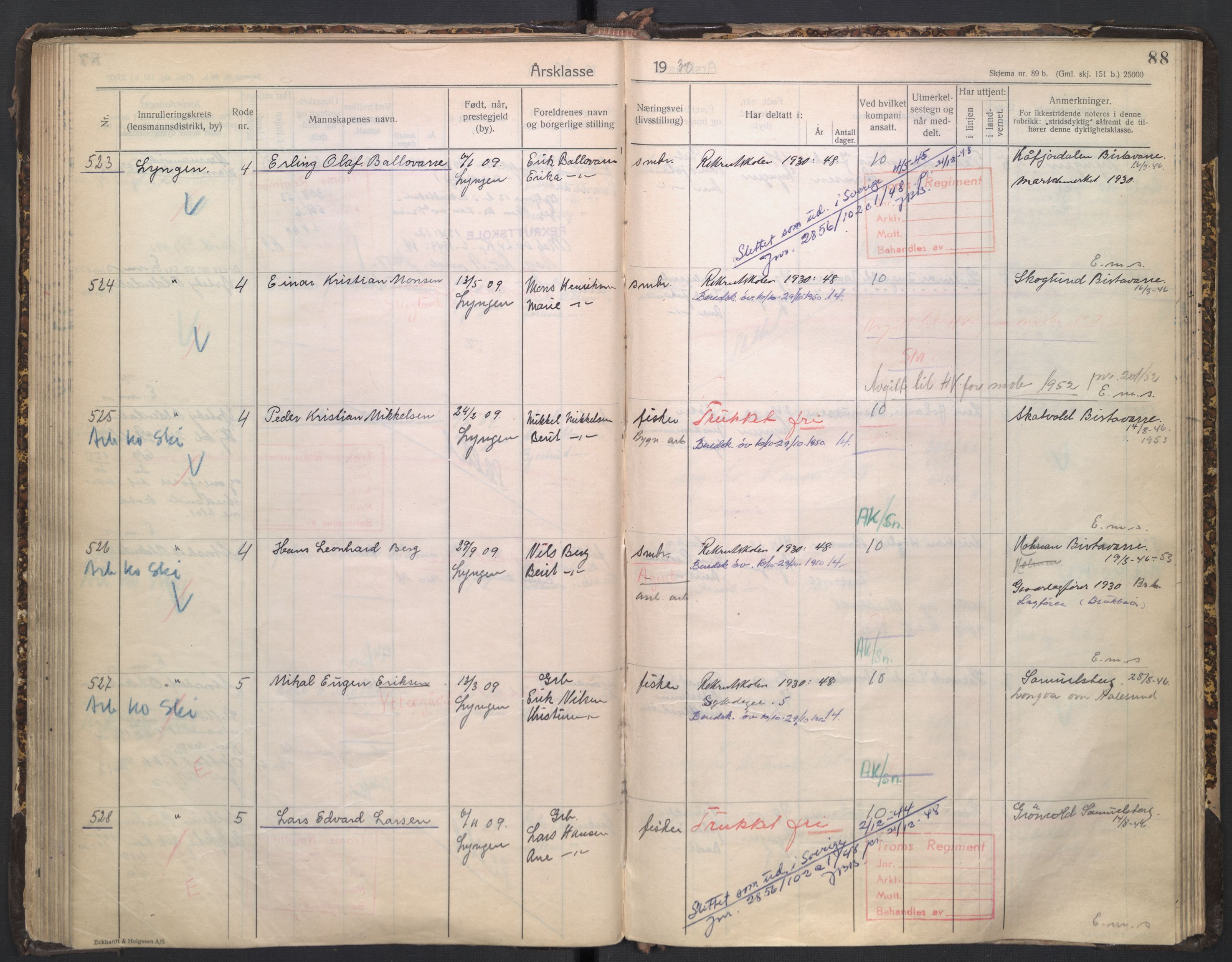 Forsvaret, Troms infanteriregiment nr. 16, AV/RA-RAFA-3146/P/Pa/L0005/0003: Ruller / Rulle for regimentets stridende menige mannskaper, årsklasse 1930, 1930, p. 88