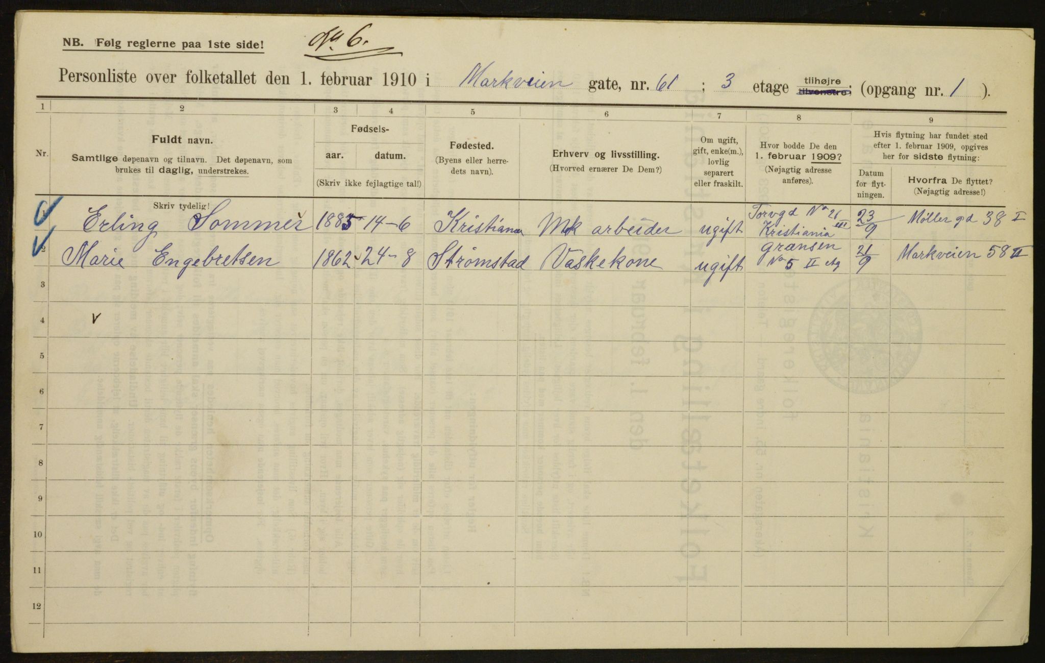 OBA, Municipal Census 1910 for Kristiania, 1910, p. 62311