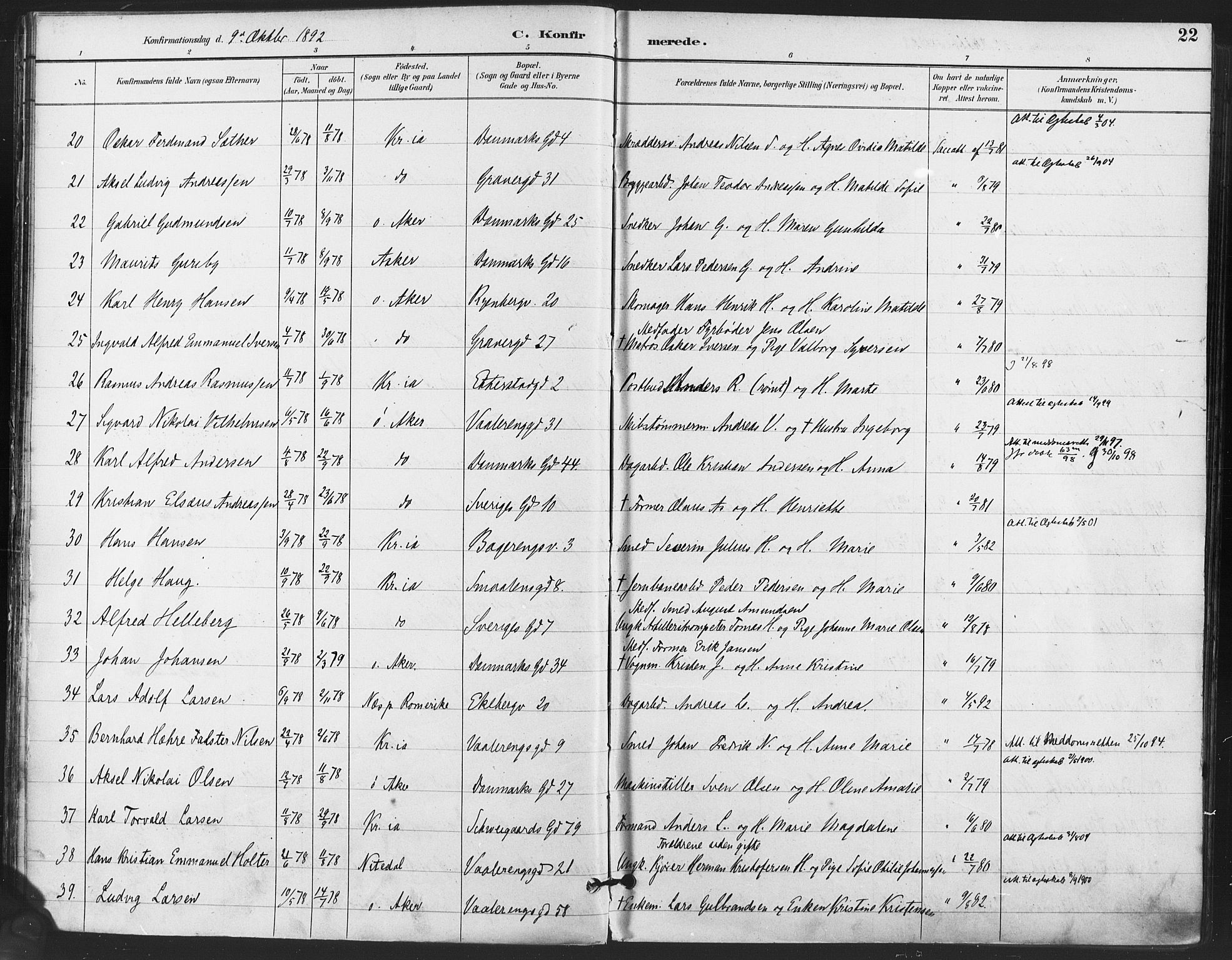 Gamlebyen prestekontor Kirkebøker, AV/SAO-A-10884/F/Fa/L0008: Parish register (official) no. 8, 1891-1908, p. 22