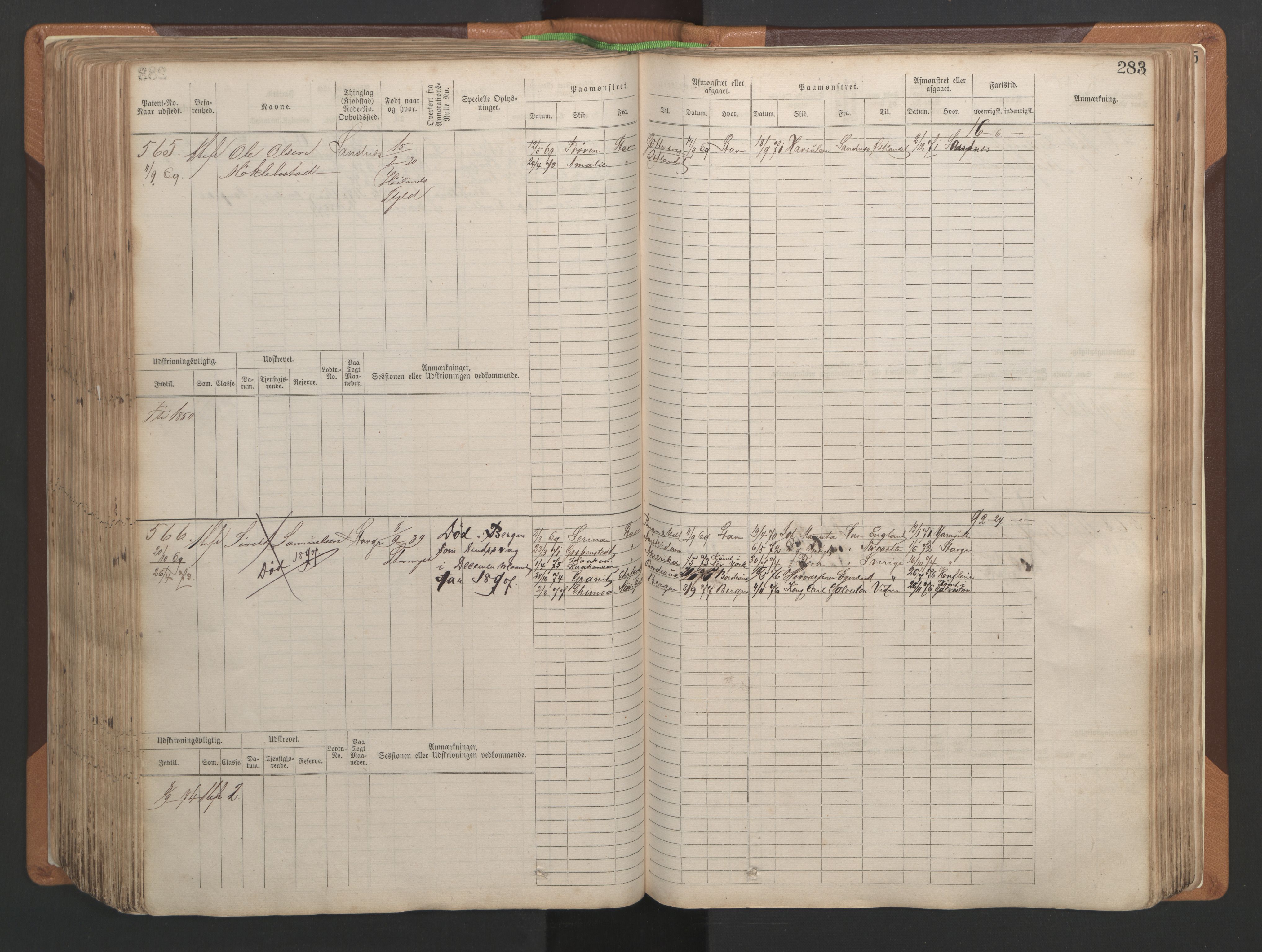 Stavanger sjømannskontor, AV/SAST-A-102006/F/Fb/Fbb/L0004: Sjøfartshovedrulle, patentnr. 1-792 (del 1), 1869-1880, p. 289