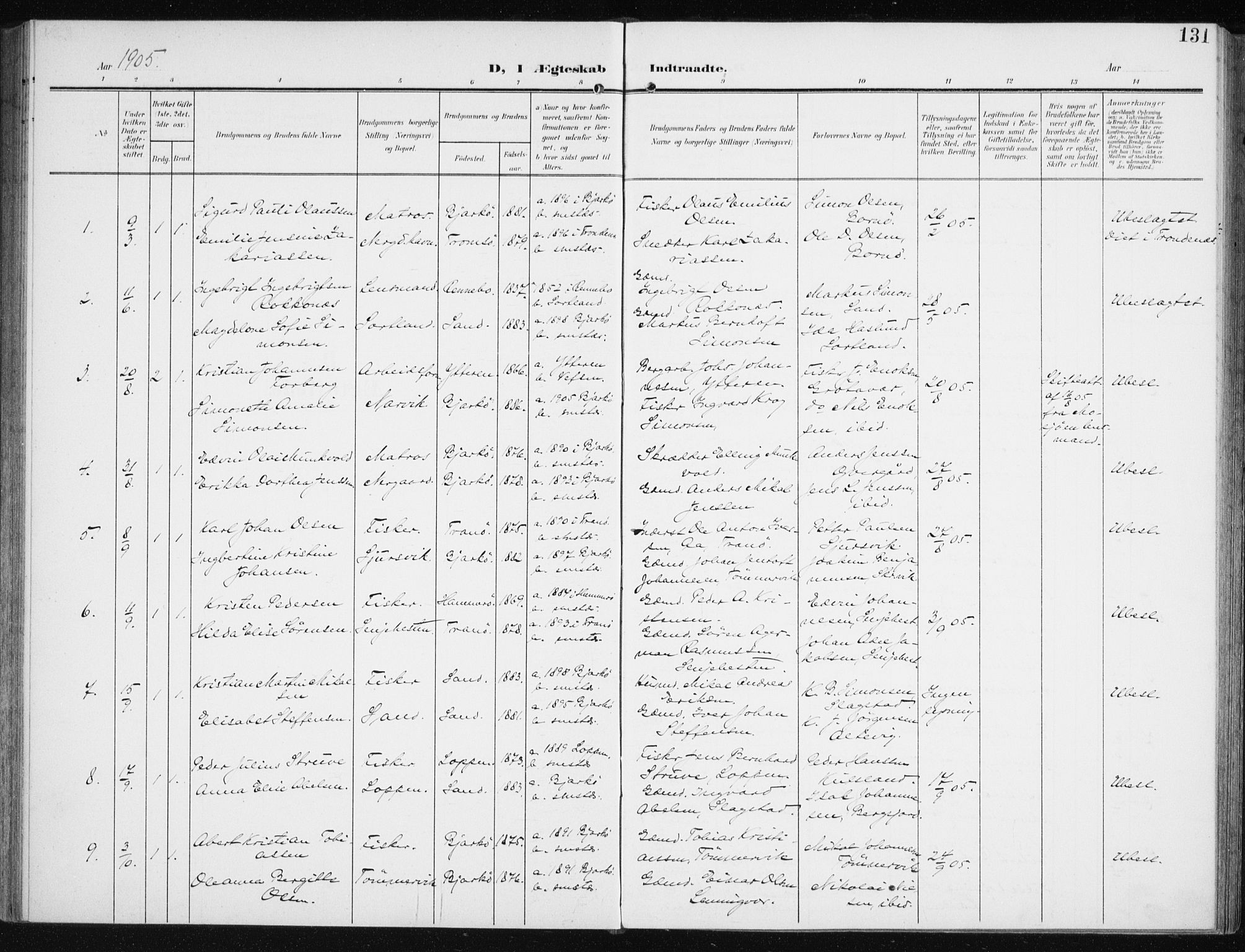 Sand/Bjarkøy sokneprestkontor, AV/SATØ-S-0811/I/Ia/Iaa/L0005kirke: Parish register (official) no. 5, 1905-1914, p. 131