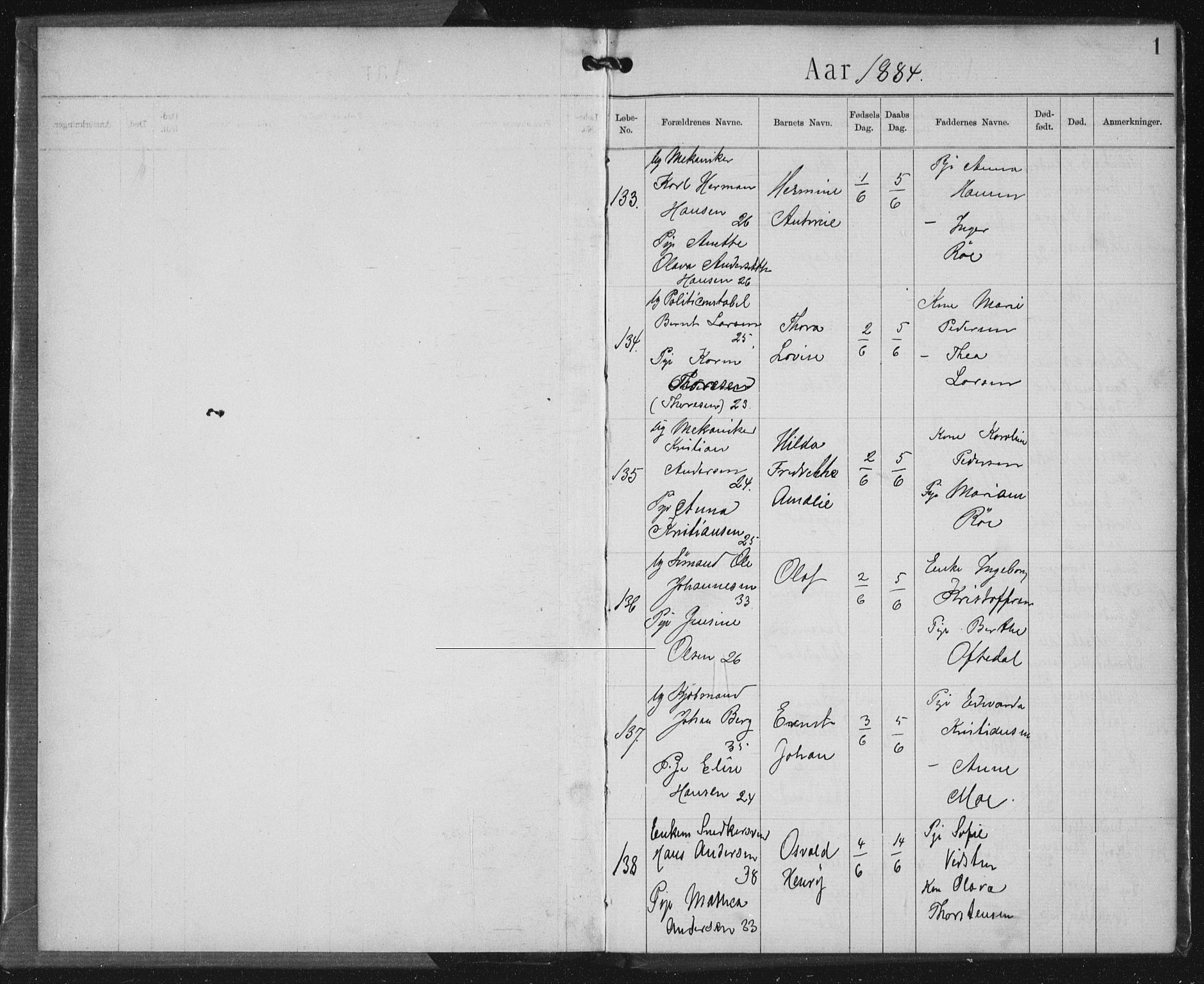 Rikshospitalet prestekontor Kirkebøker, SAO/A-10309b/K/L0003/0002: Baptism register no. 3.2, 1884-1889, p. 1