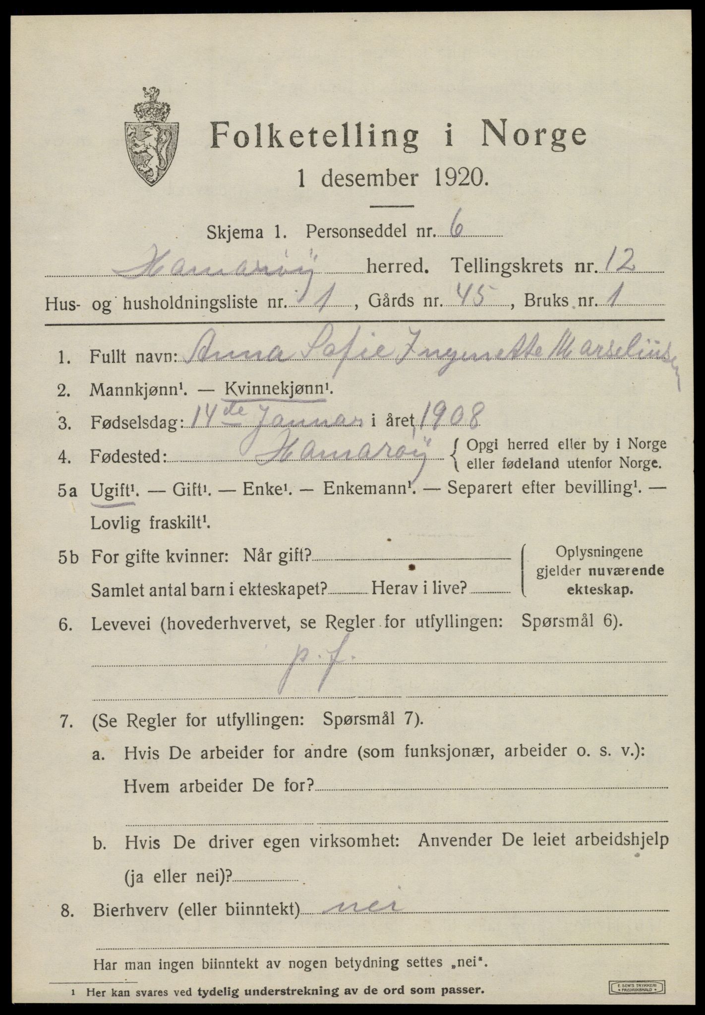 SAT, 1920 census for Hamarøy, 1920, p. 5684