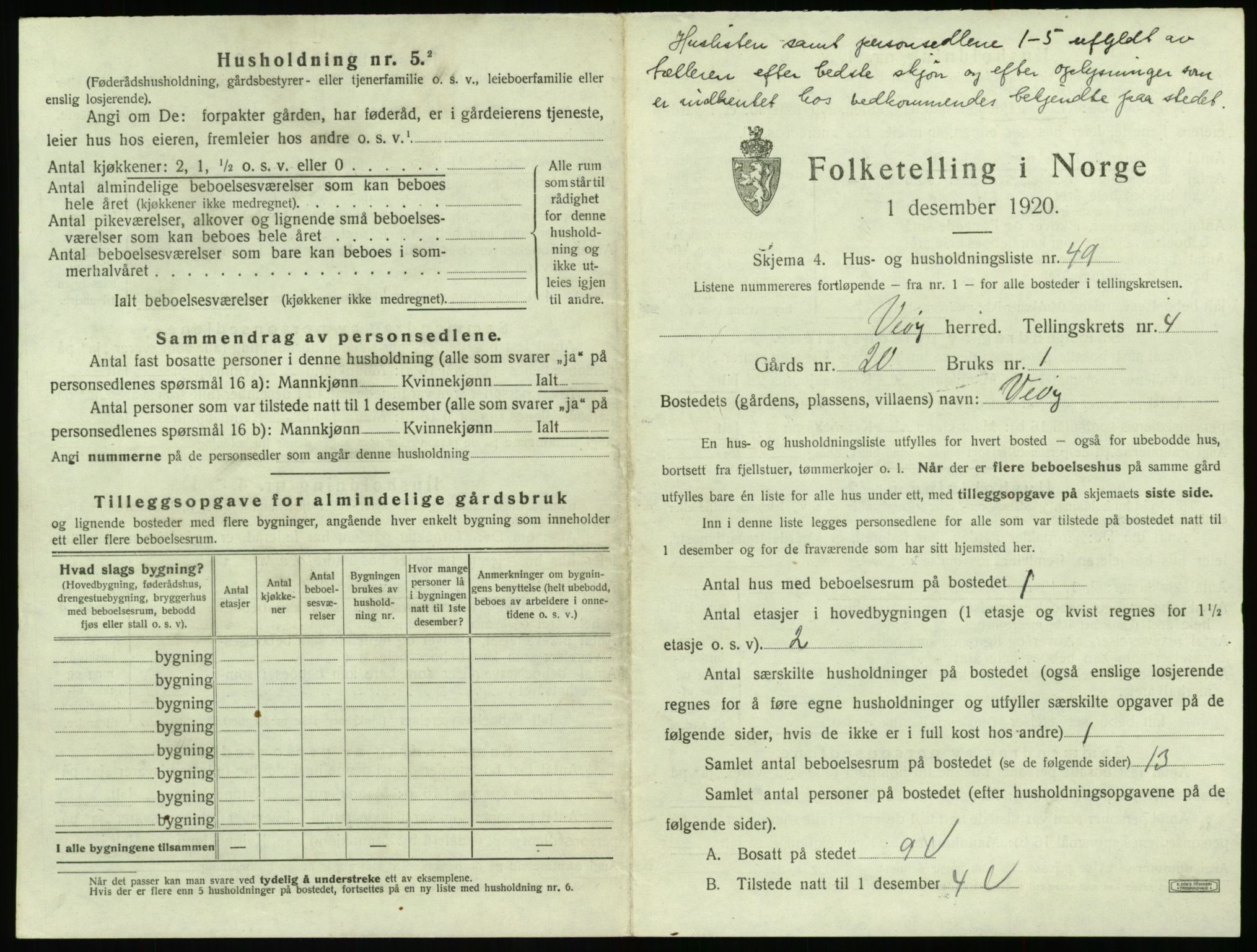 SAT, 1920 census for Veøy, 1920, p. 309