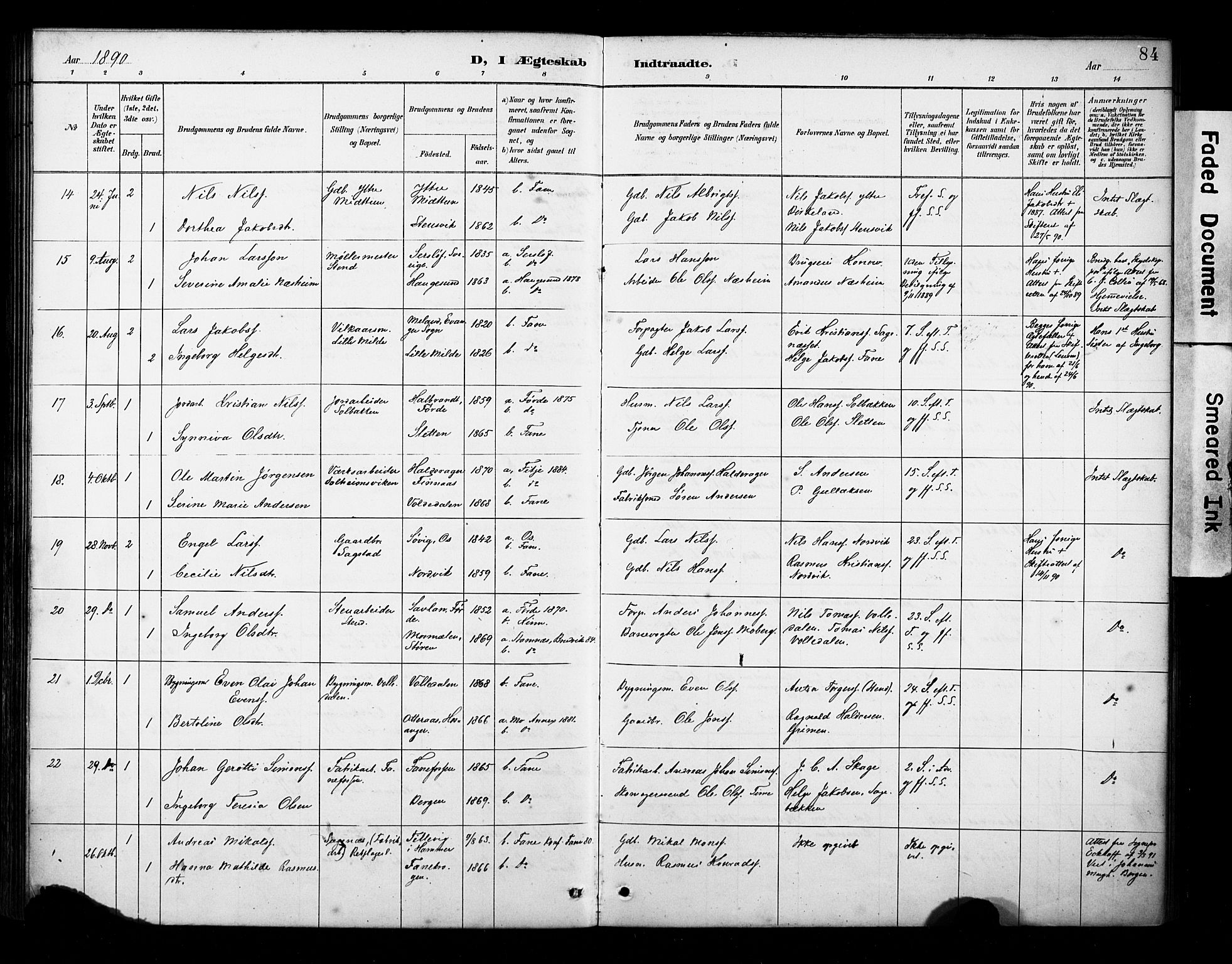 Fana Sokneprestembete, AV/SAB-A-75101/H/Haa/Haab/L0002: Parish register (official) no. B 2, 1890-1897, p. 84