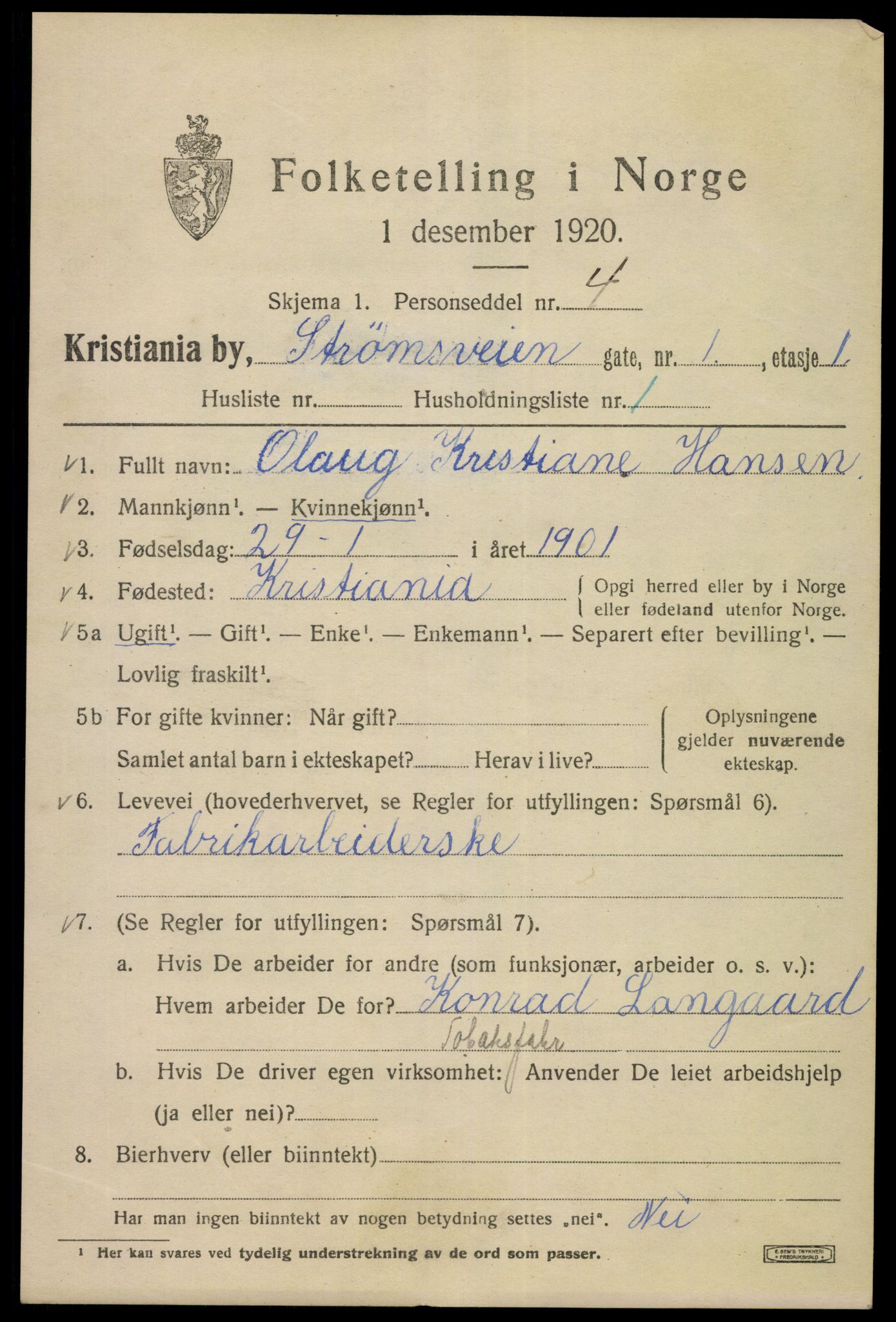 SAO, 1920 census for Kristiania, 1920, p. 551707