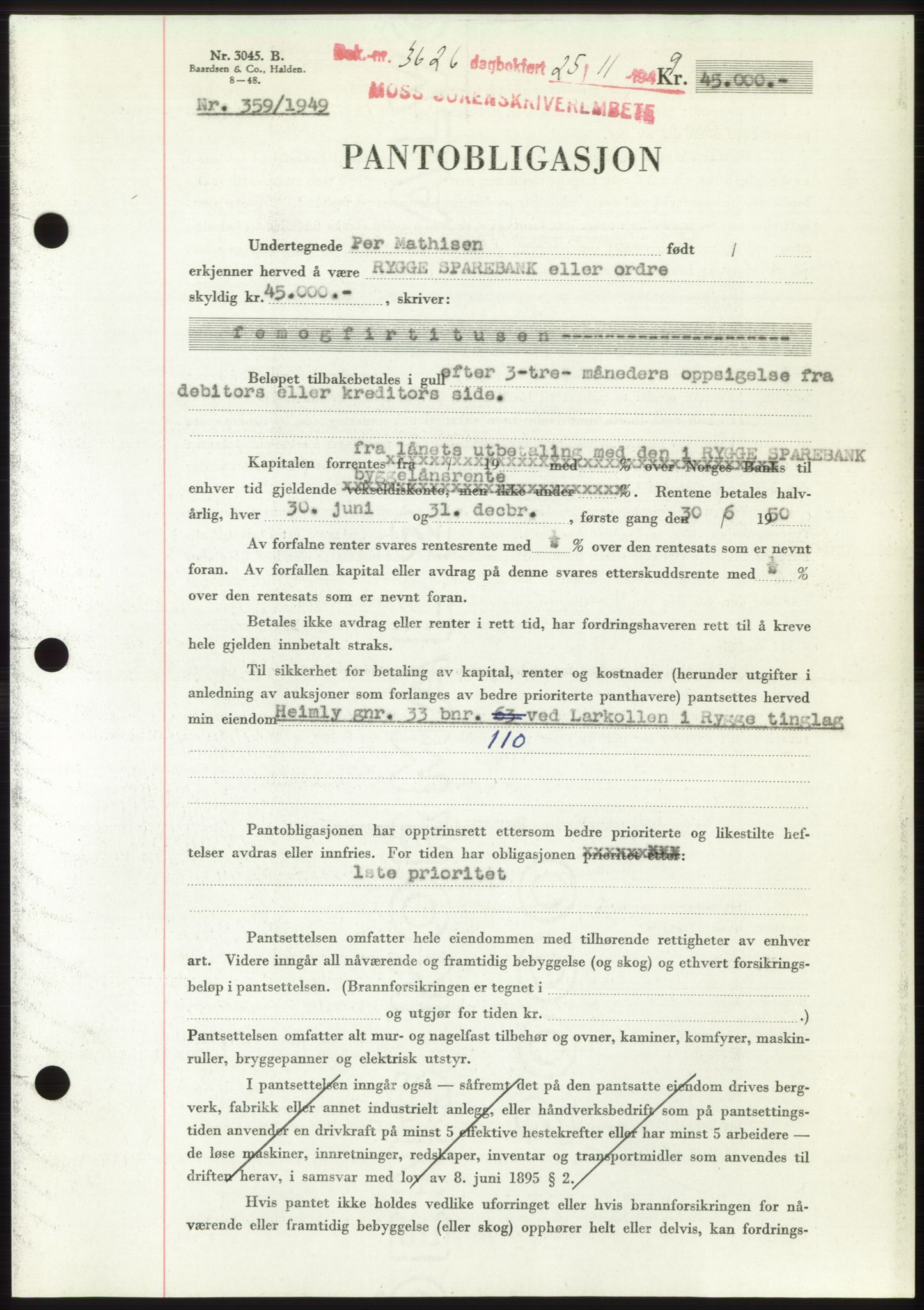 Moss sorenskriveri, SAO/A-10168: Mortgage book no. B23, 1949-1950, Diary no: : 3626/1949
