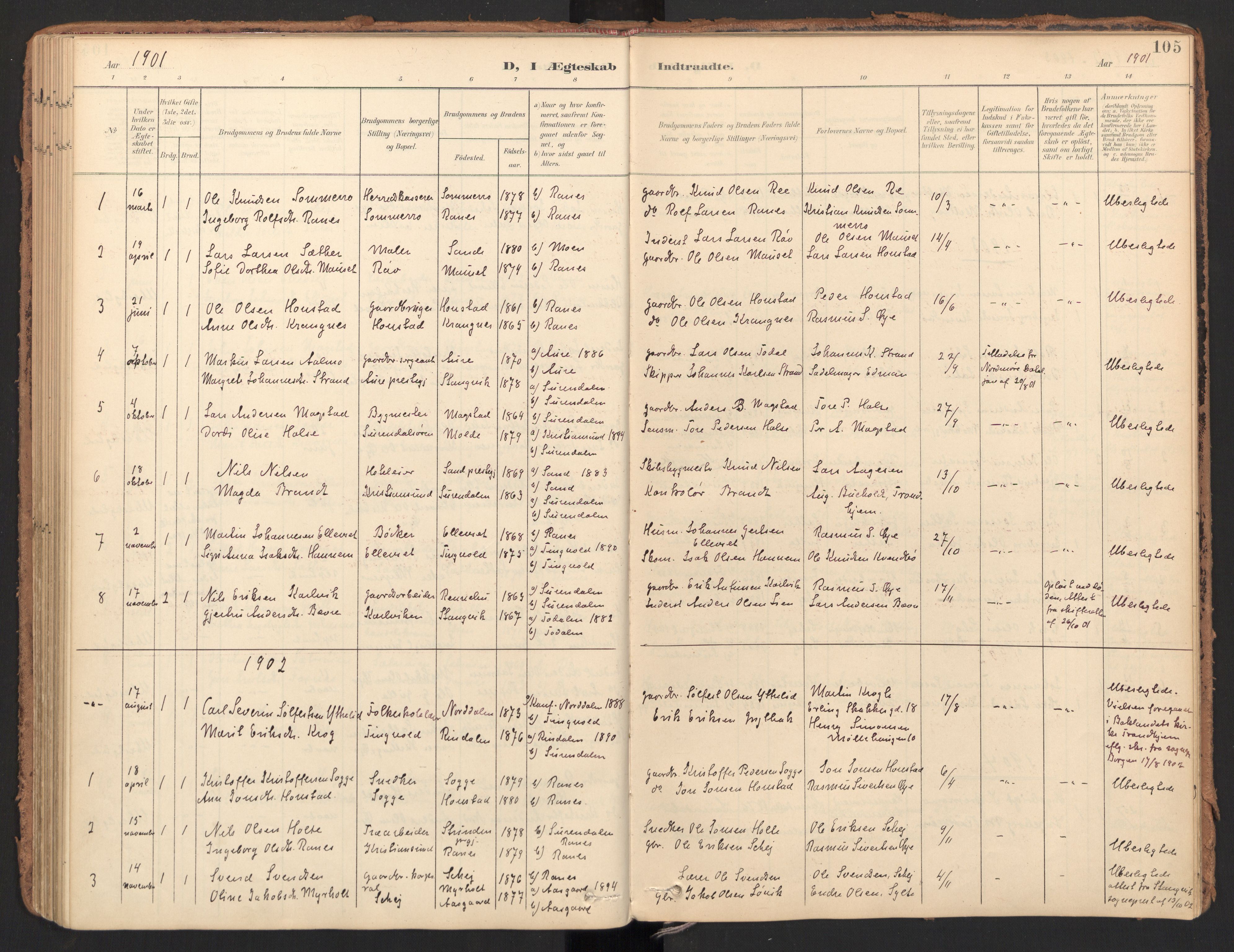 Ministerialprotokoller, klokkerbøker og fødselsregistre - Møre og Romsdal, AV/SAT-A-1454/596/L1057: Parish register (official) no. 596A02, 1900-1917, p. 105