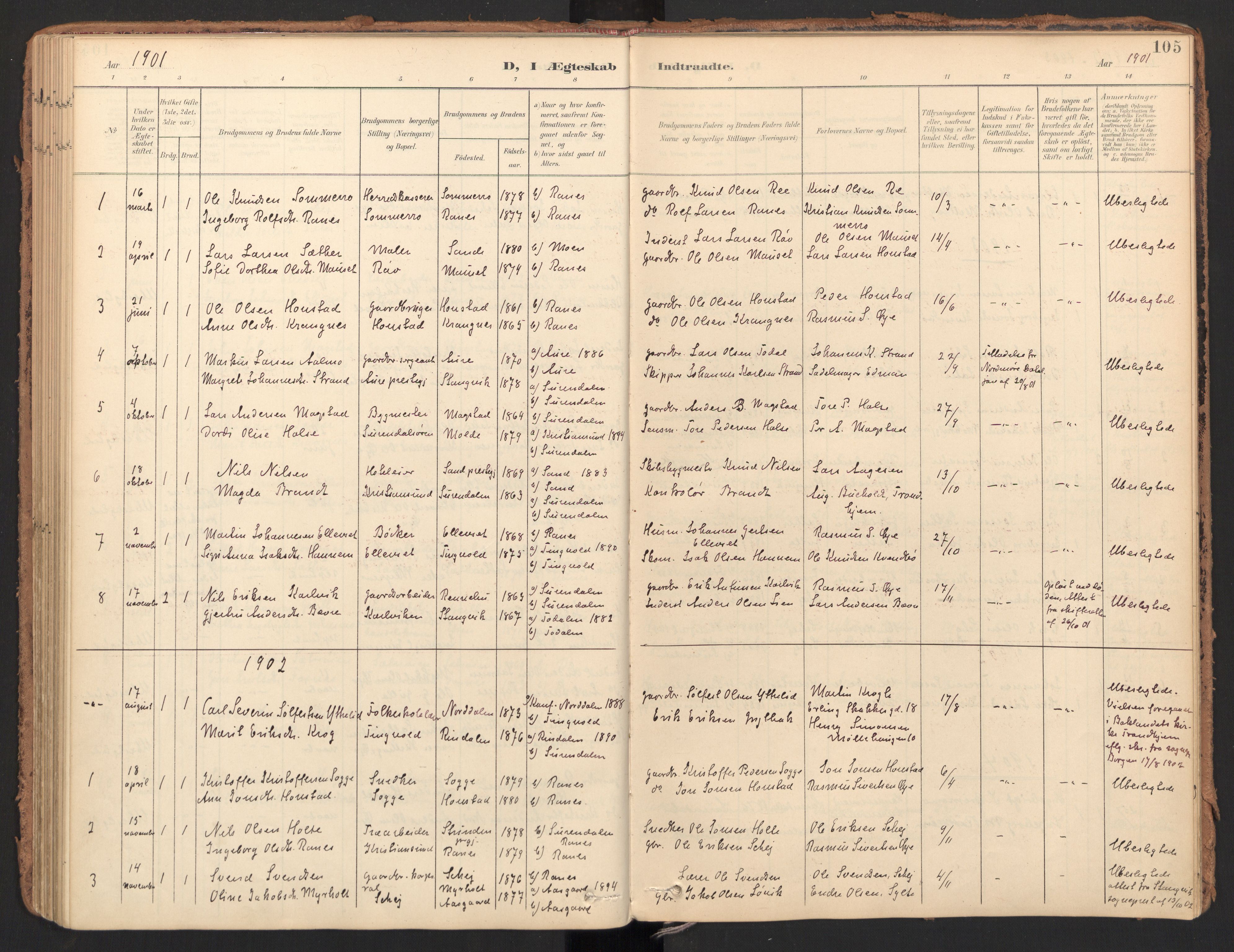 Ministerialprotokoller, klokkerbøker og fødselsregistre - Møre og Romsdal, SAT/A-1454/596/L1057: Parish register (official) no. 596A02, 1900-1917, p. 105