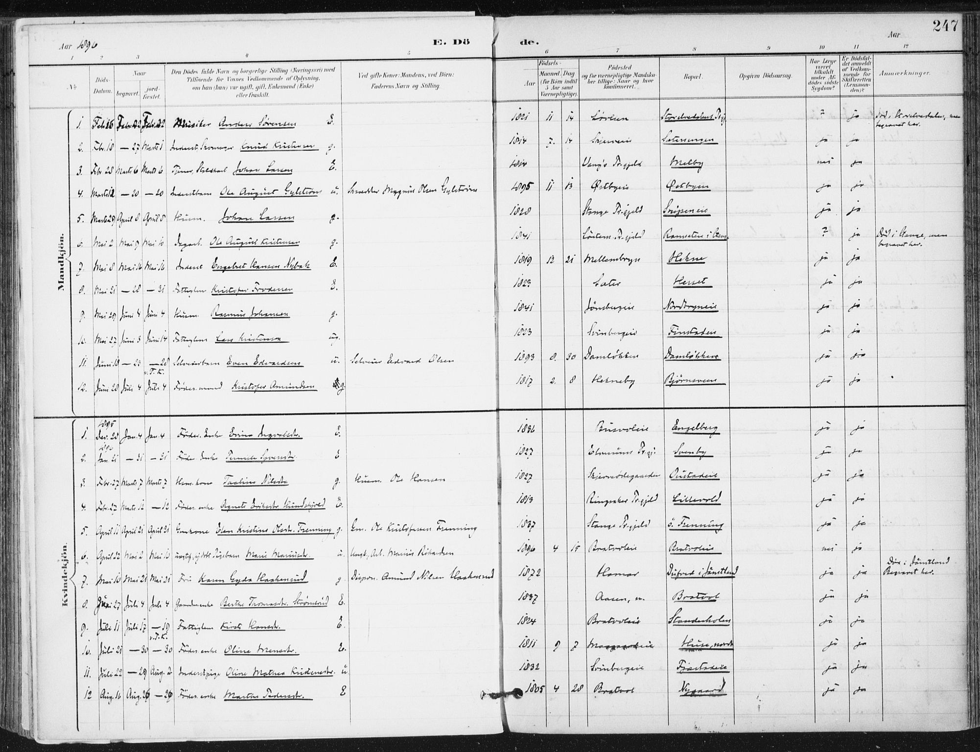 Romedal prestekontor, AV/SAH-PREST-004/K/L0011: Parish register (official) no. 11, 1896-1912, p. 247