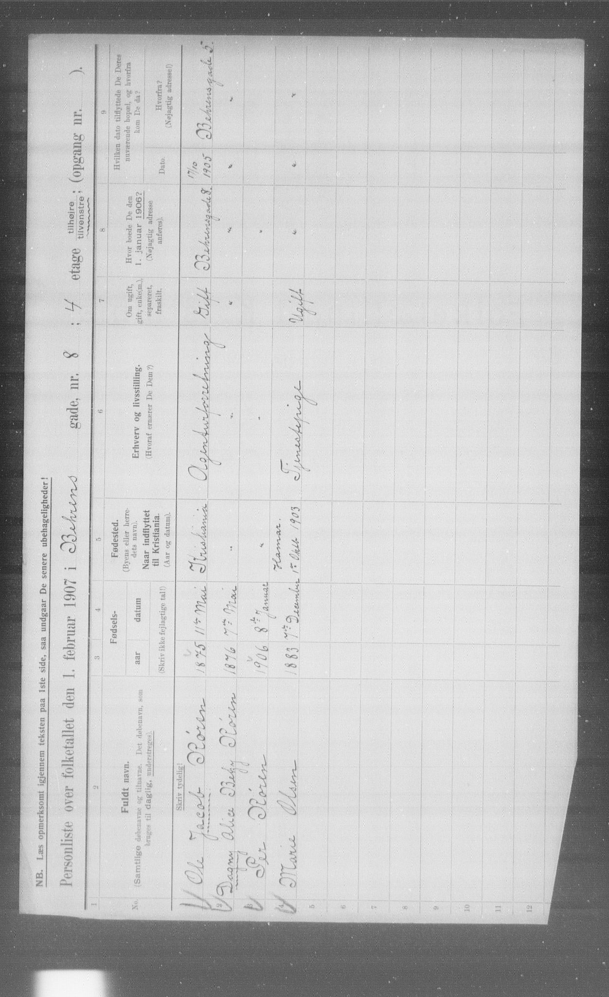 OBA, Municipal Census 1907 for Kristiania, 1907, p. 1841