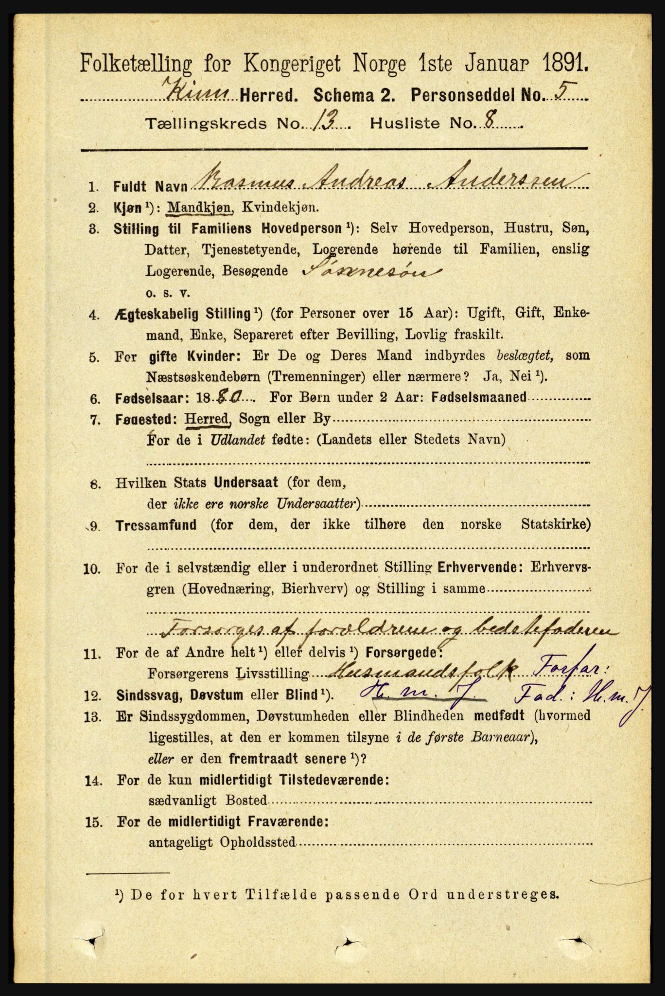 RA, 1891 census for 1437 Kinn, 1891, p. 5108