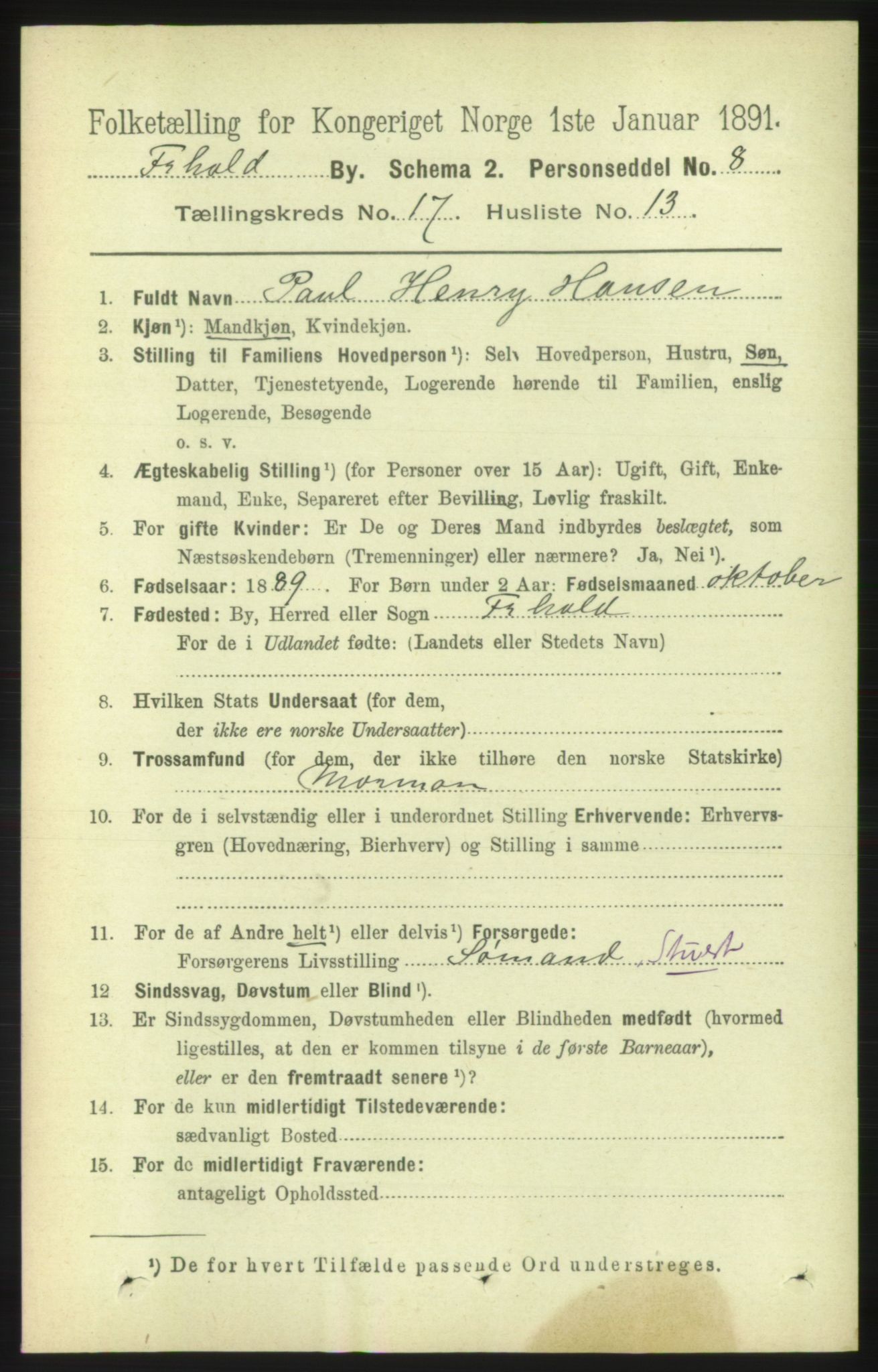 RA, 1891 census for 0101 Fredrikshald, 1891, p. 11095