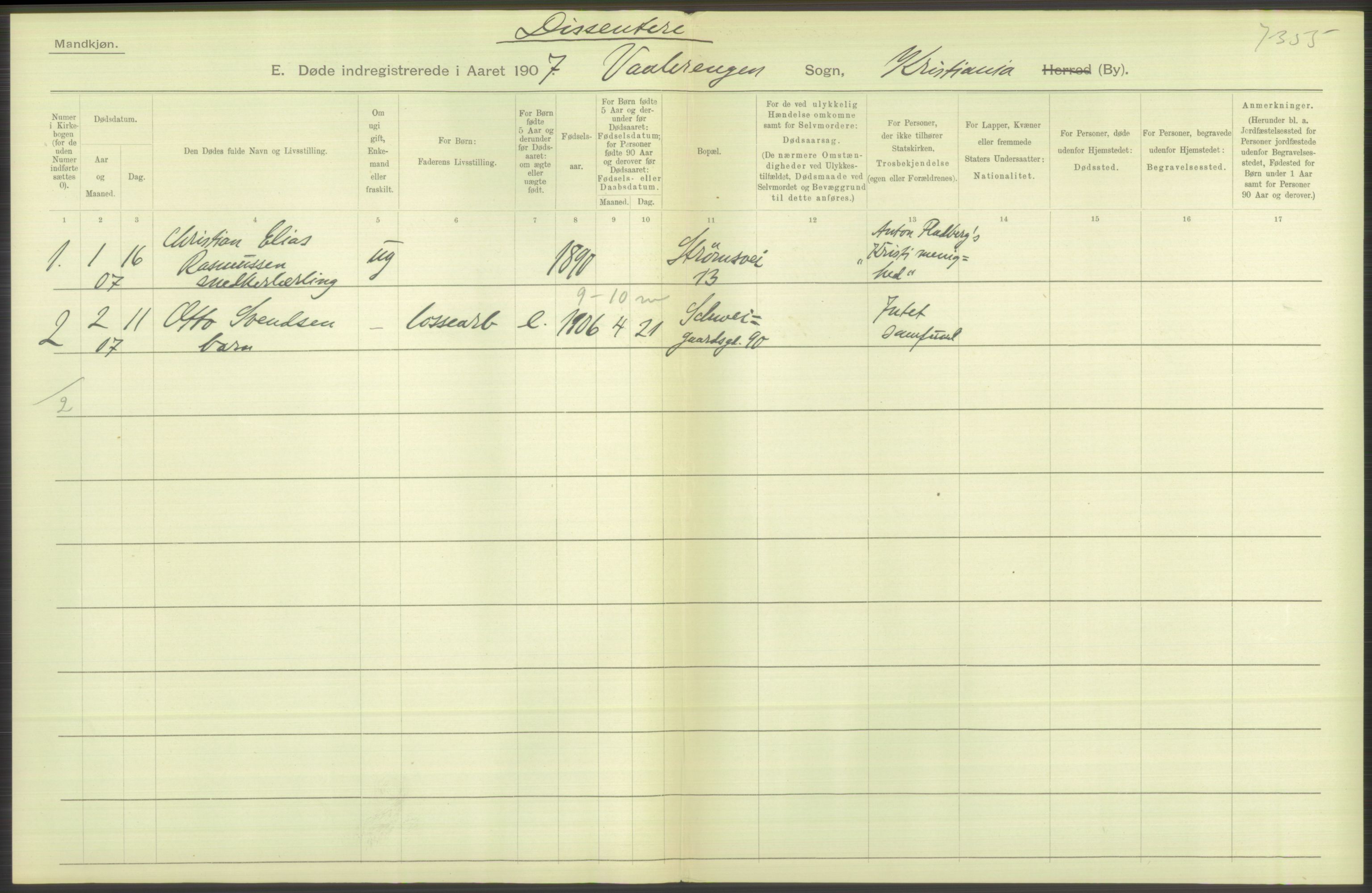 Statistisk sentralbyrå, Sosiodemografiske emner, Befolkning, RA/S-2228/D/Df/Dfa/Dfae/L0009: Kristiania: Døde, 1907, p. 86