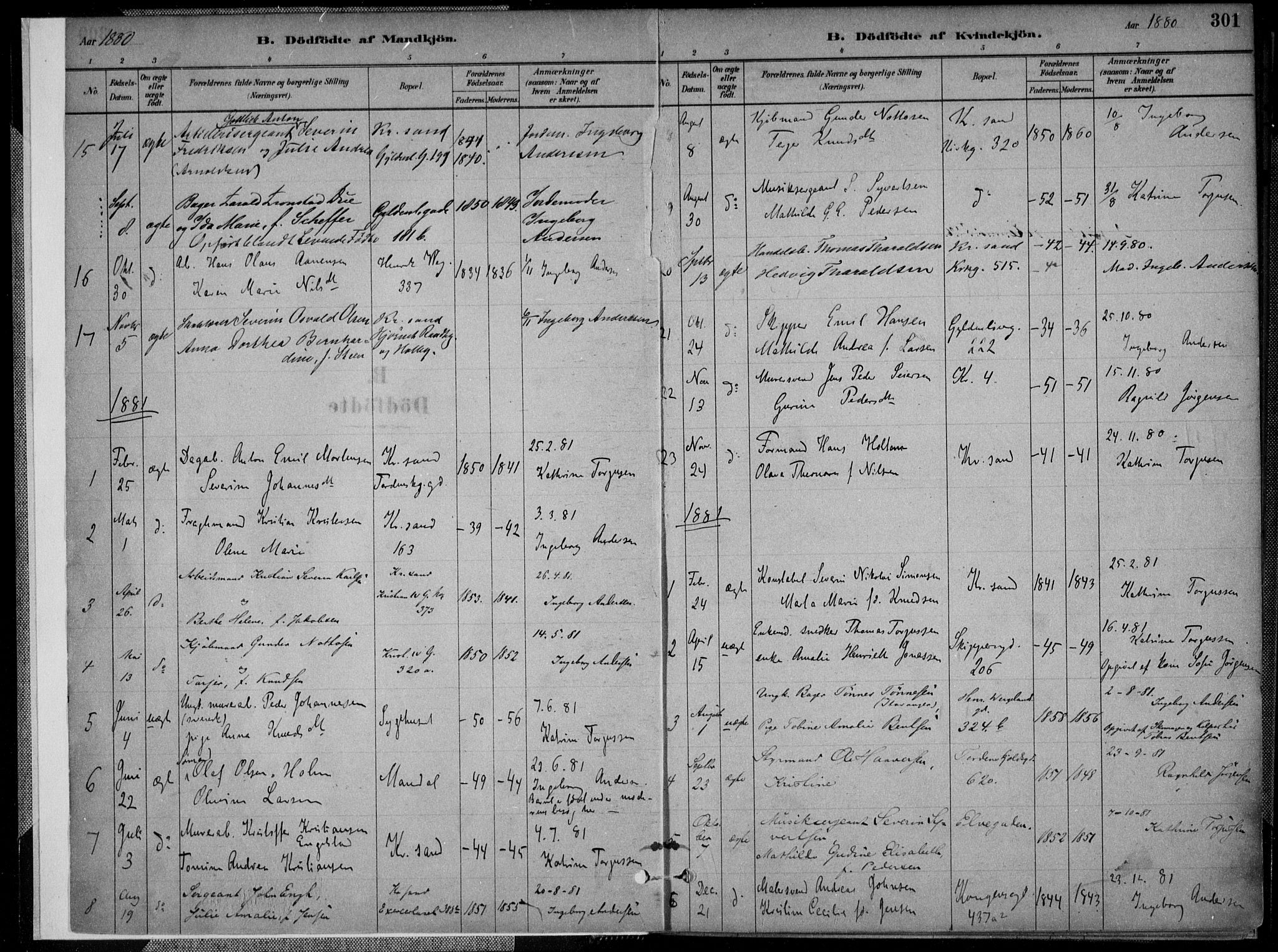 Kristiansand domprosti, SAK/1112-0006/F/Fa/L0017: Parish register (official) no. A 16B, 1880-1890, p. 301