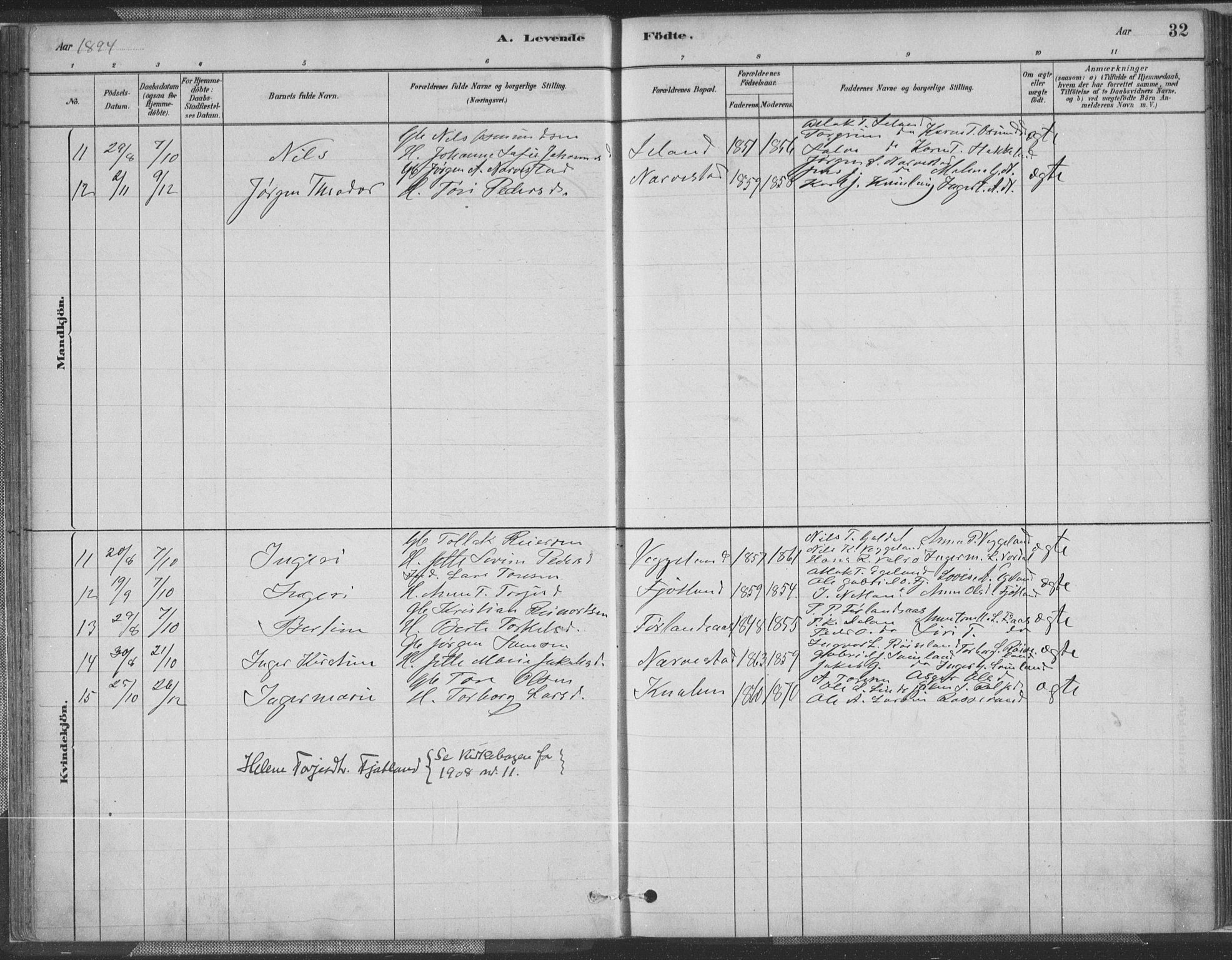 Fjotland sokneprestkontor, SAK/1111-0010/F/Fa/L0002: Parish register (official) no. A 2, 1880-1898, p. 32