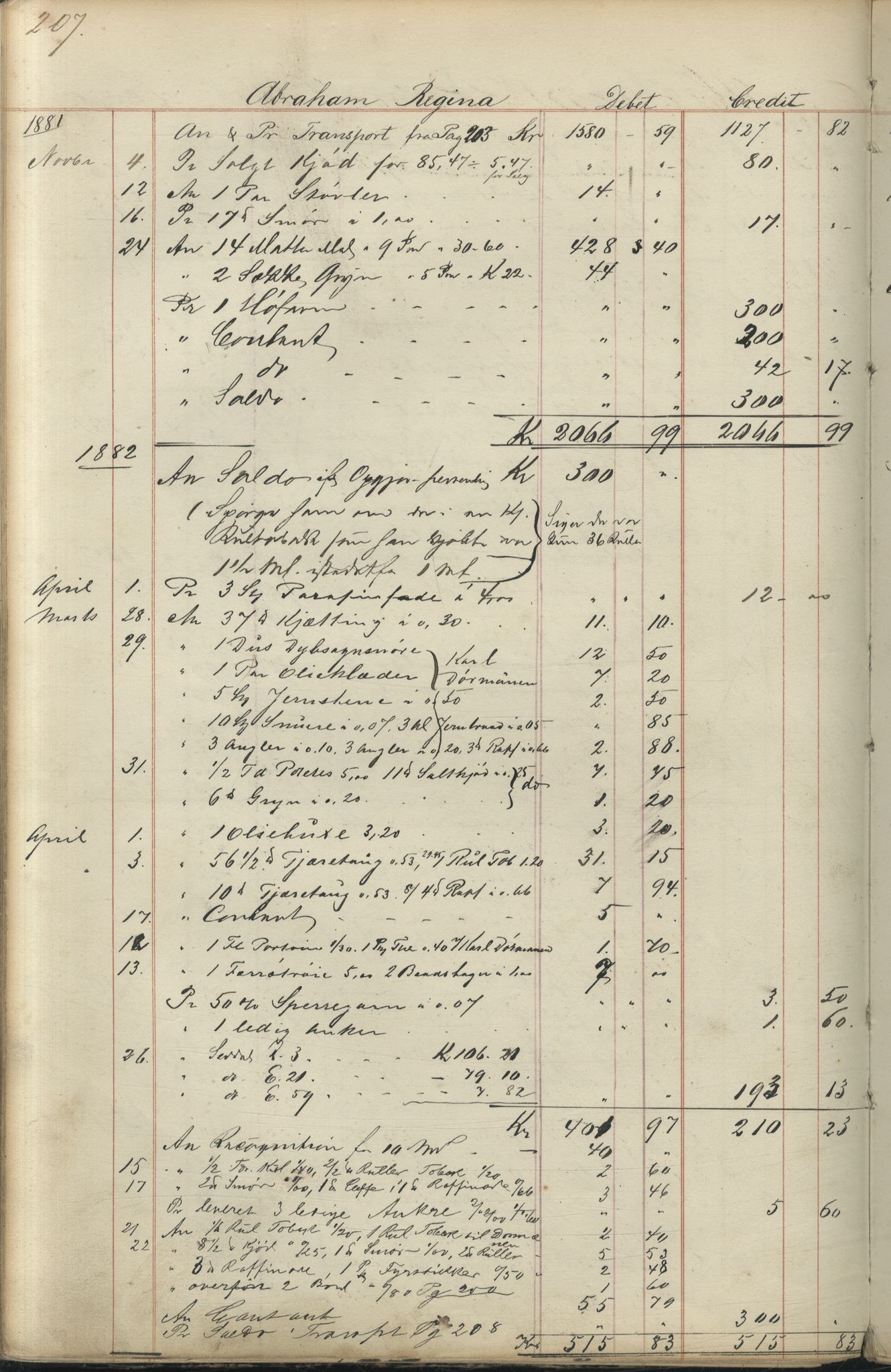 Brodtkorb handel A/S, VAMU/A-0001/F/Fc/L0001/0001: Konto for kvener og nordmenn på Kolahalvøya  / Conto for Kvæner og Nordmænd paa Russefinmarken No 1, 1868-1894, p. 207