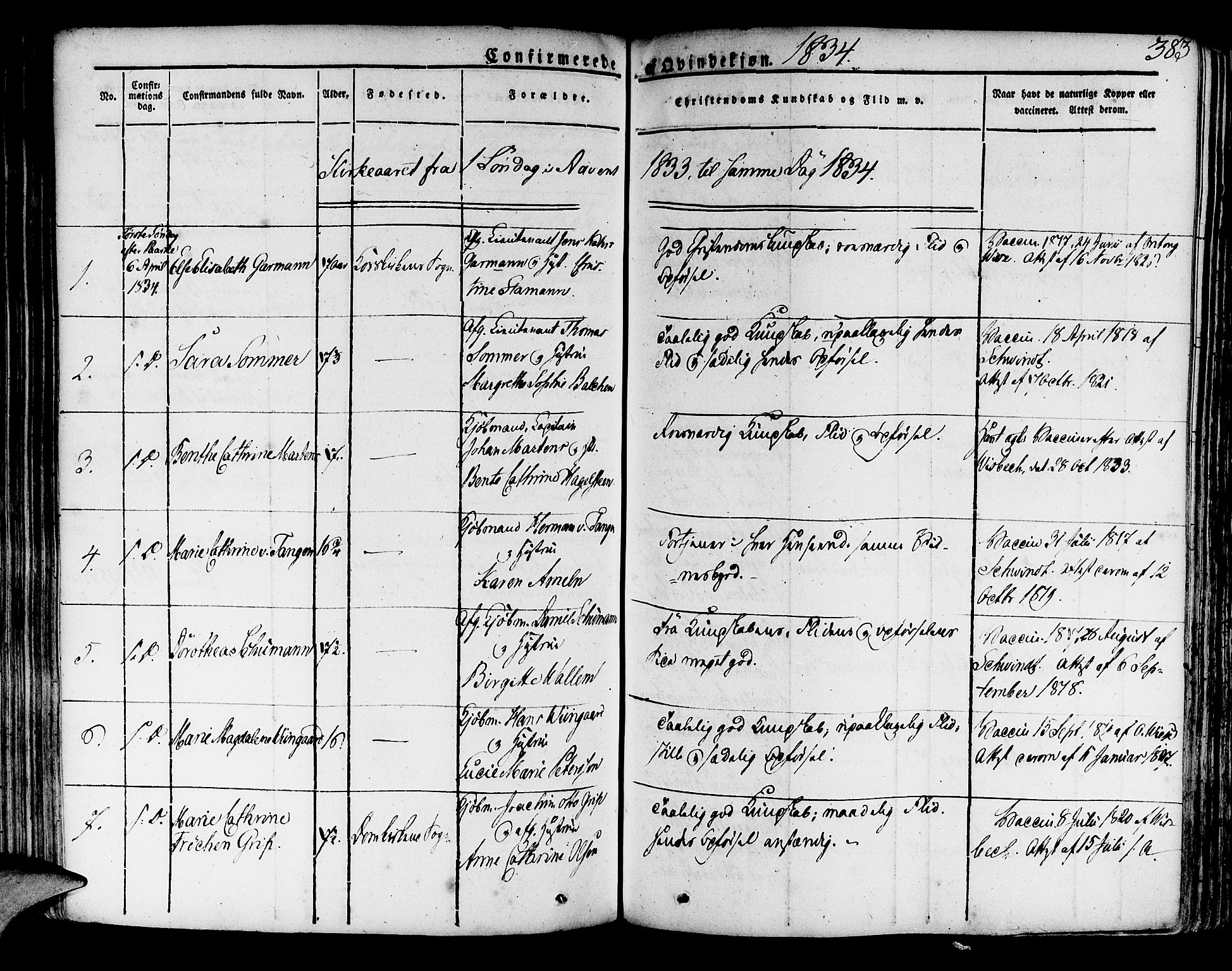 Korskirken sokneprestembete, SAB/A-76101/H/Haa/L0014: Parish register (official) no. A 14, 1823-1835, p. 383