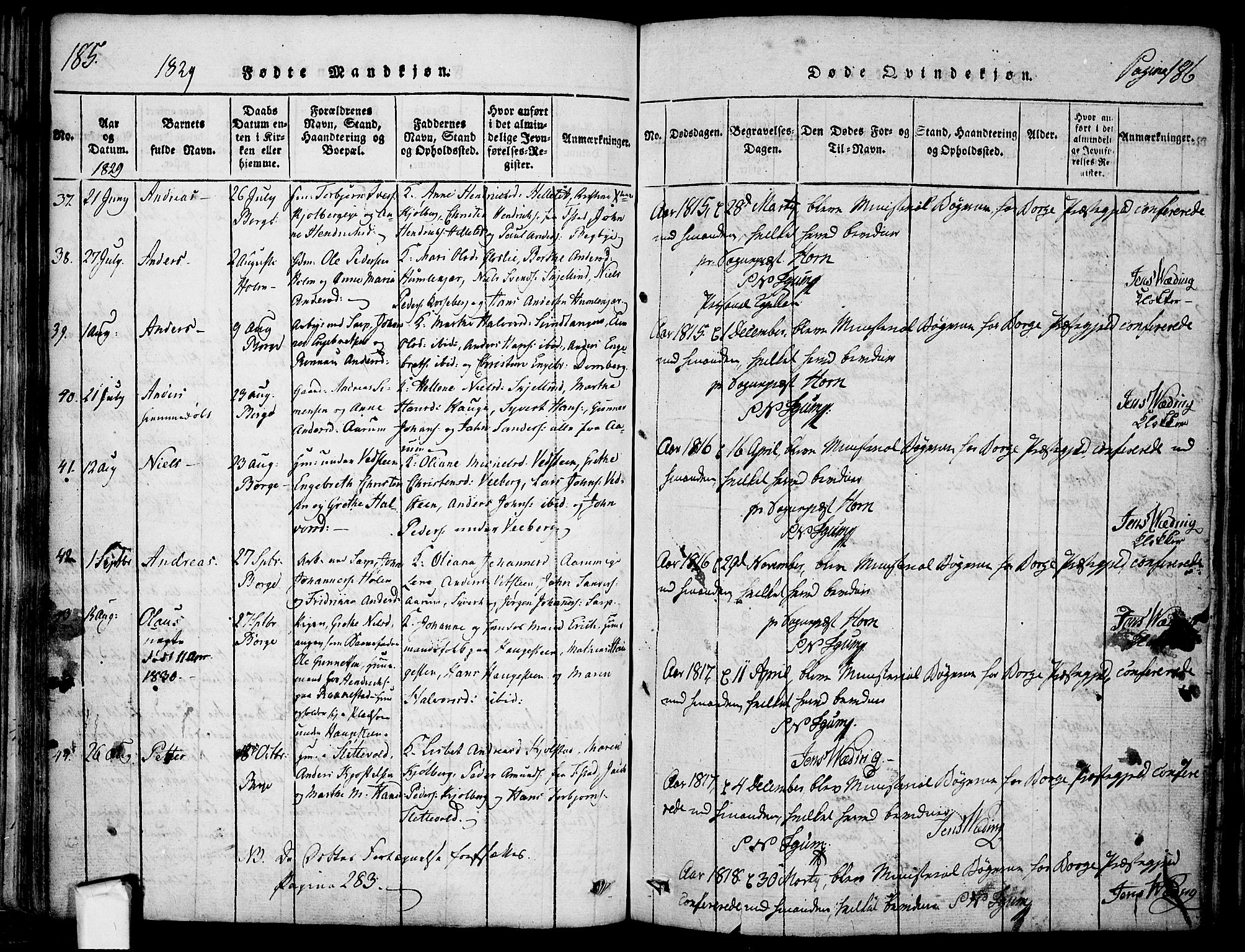 Borge prestekontor Kirkebøker, SAO/A-10903/F/Fa/L0003: Parish register (official) no. I 3, 1815-1836, p. 185-186