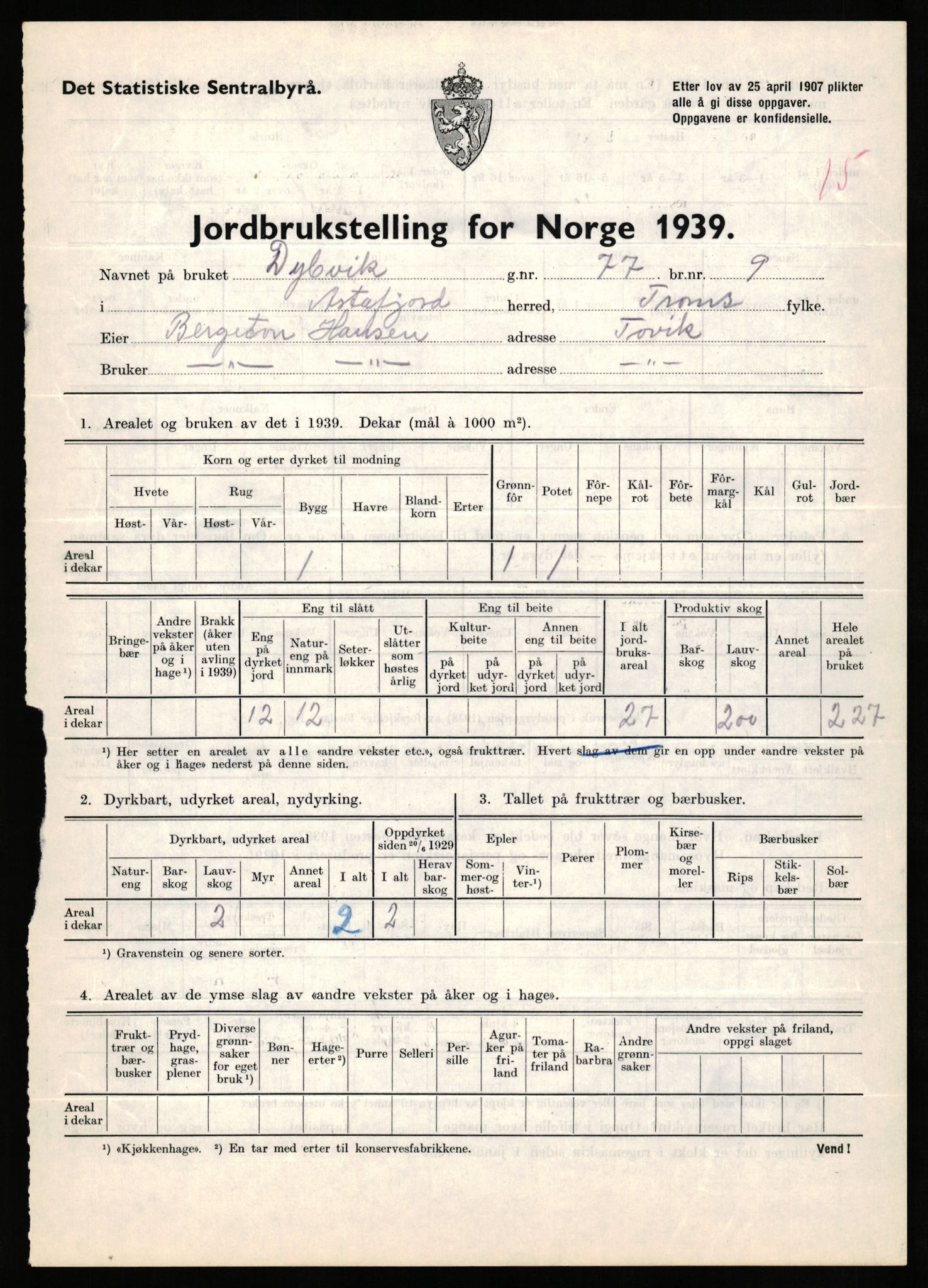 Statistisk sentralbyrå, Næringsøkonomiske emner, Jordbruk, skogbruk, jakt, fiske og fangst, AV/RA-S-2234/G/Gb/L0339: Troms: Andørja, Astafjord og Lavangen, 1939, p. 285