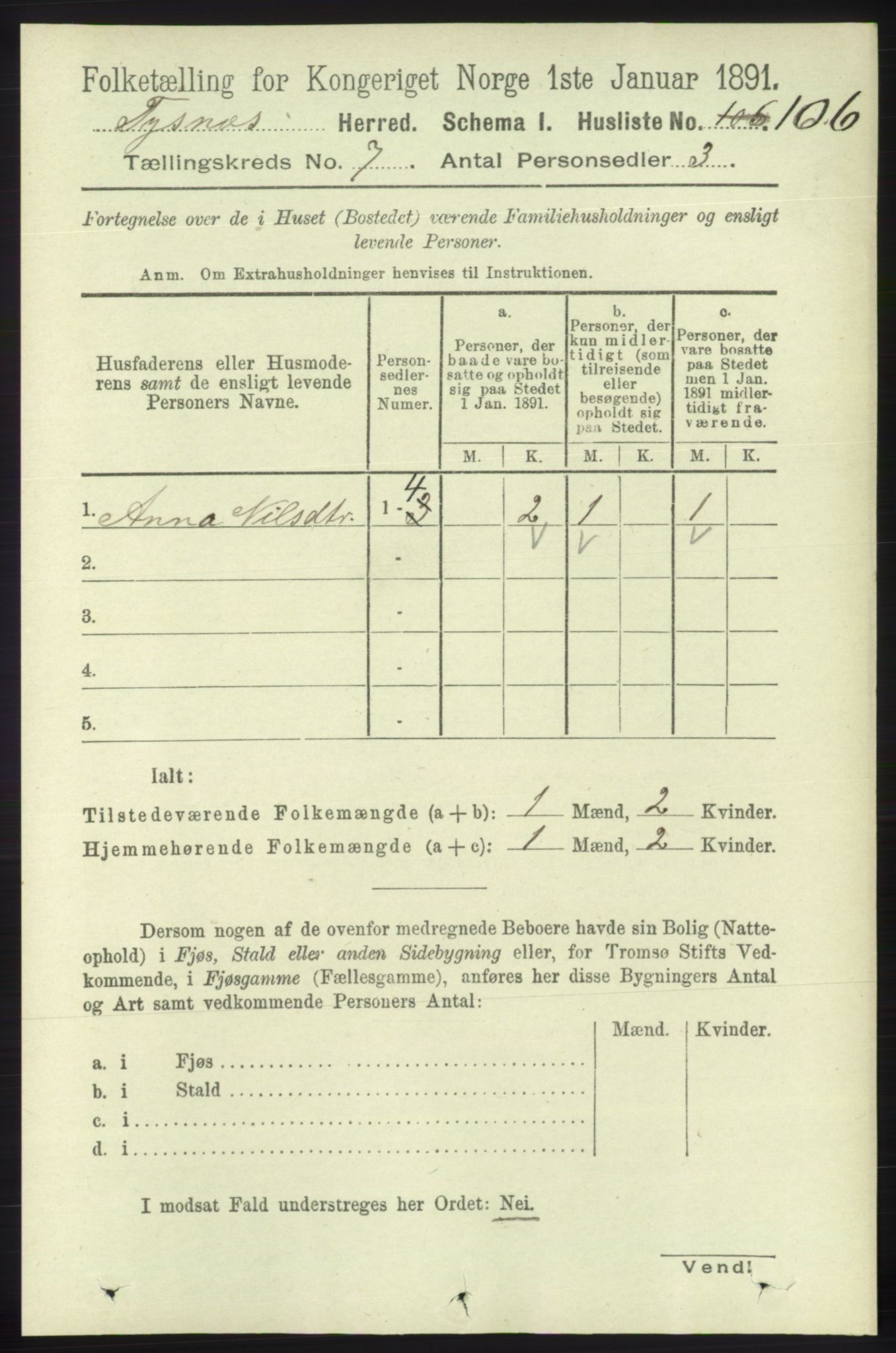 RA, 1891 census for 1223 Tysnes, 1891, p. 2868