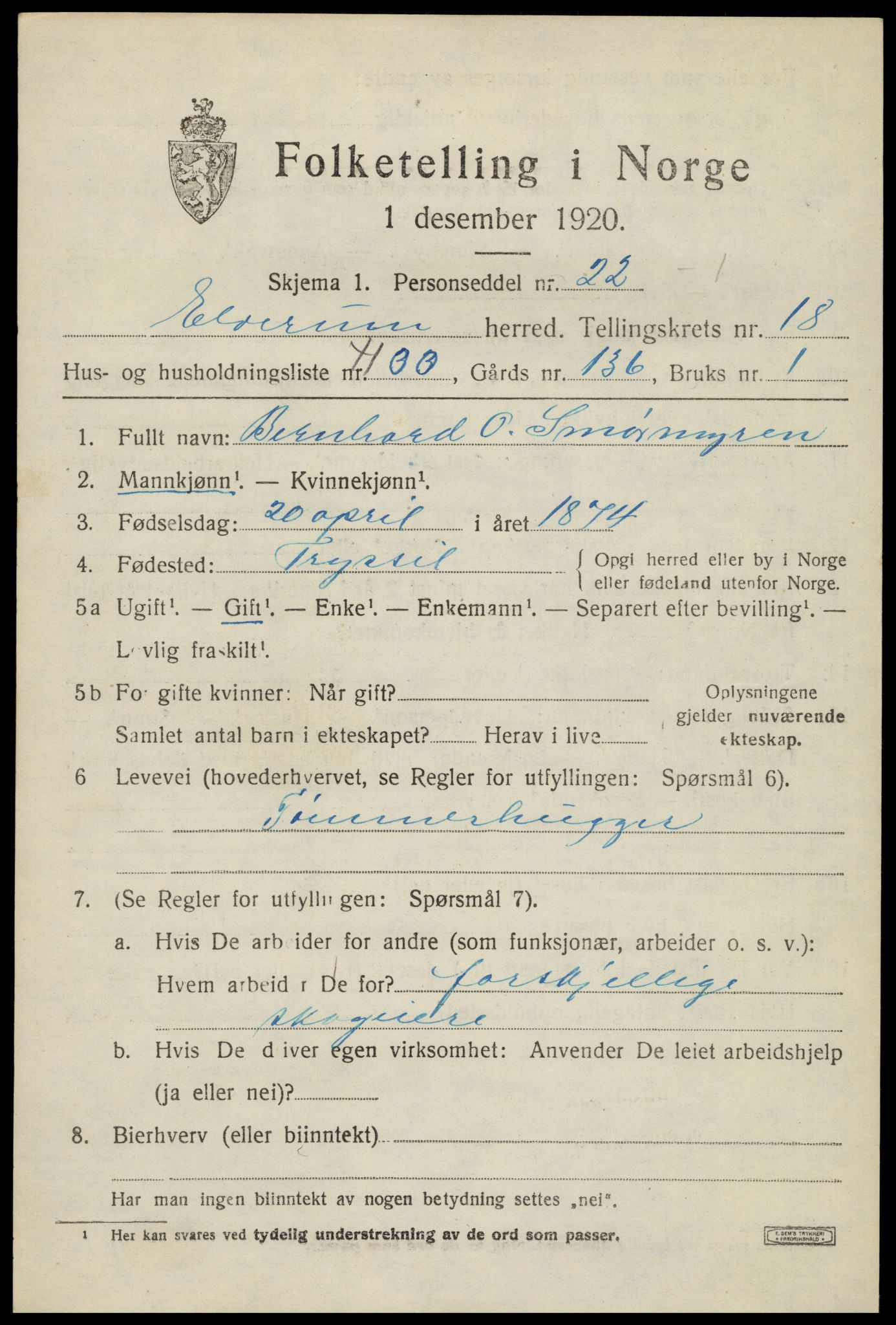 SAH, 1920 census for Elverum, 1920, p. 22536