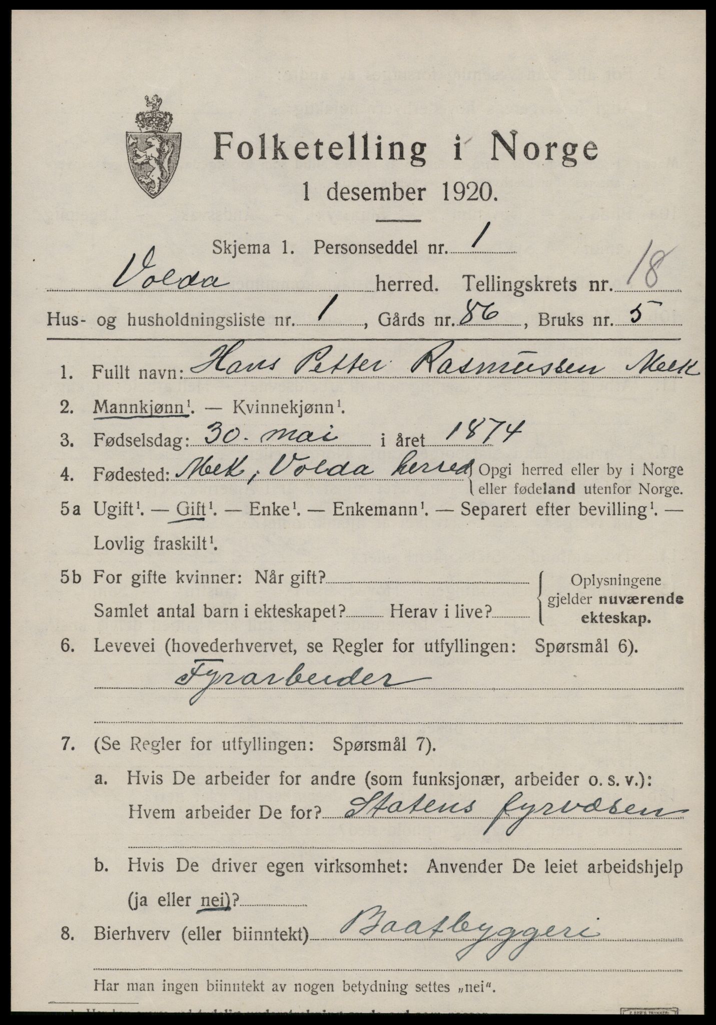 SAT, 1920 census for Volda, 1920, p. 9858