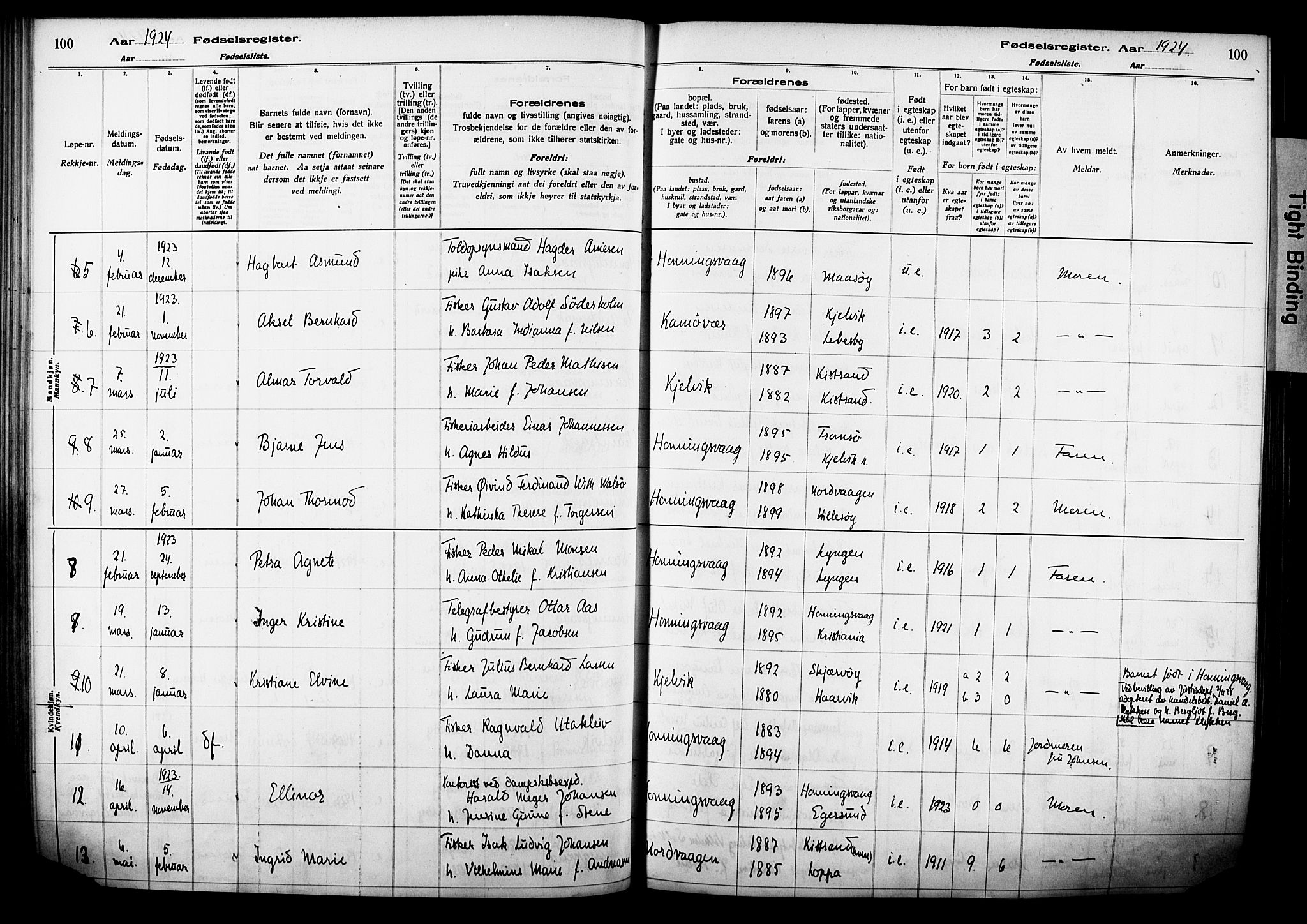 Kjelvik/Nordkapp sokneprestkontor, SATØ/S-1350/I/Ia/L0015: Birth register no. 15, 1916-1930, p. 100