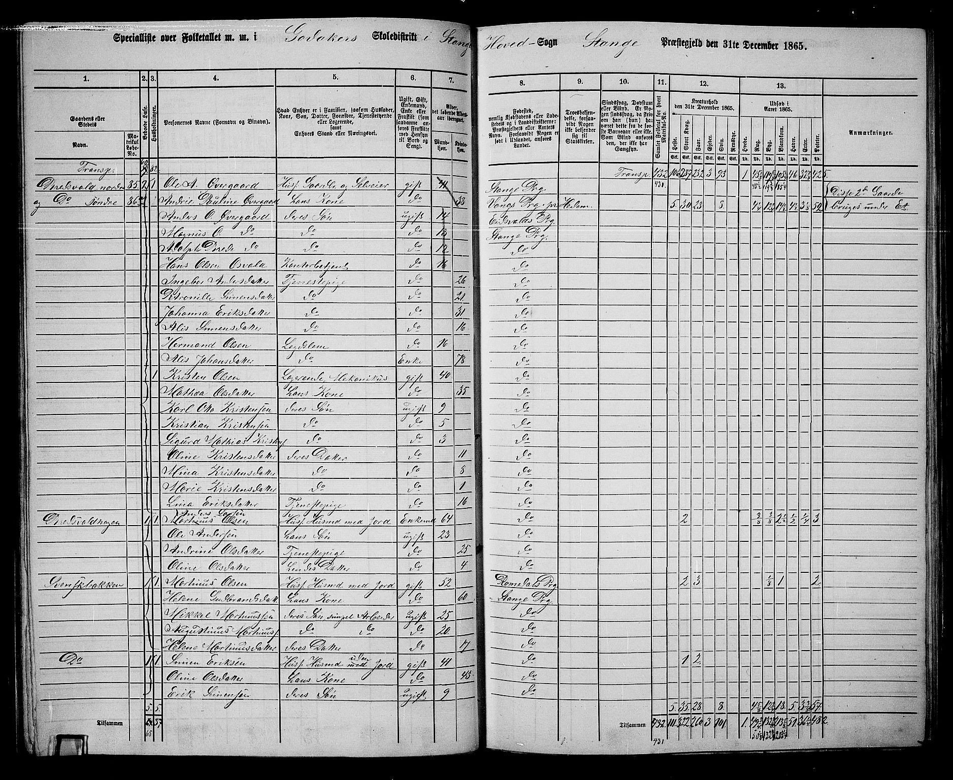 RA, 1865 census for Stange, 1865, p. 96