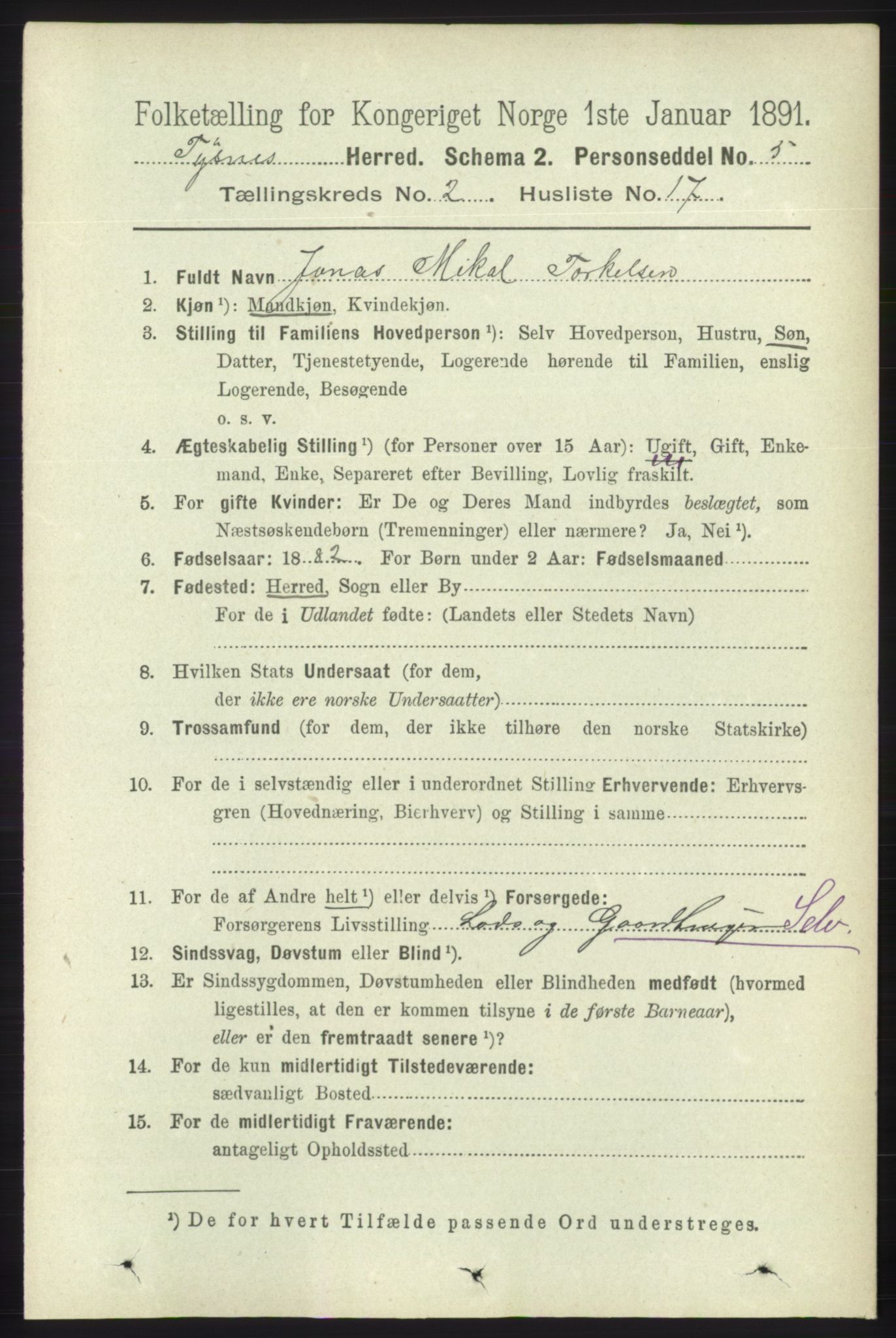 RA, 1891 census for 1223 Tysnes, 1891, p. 554