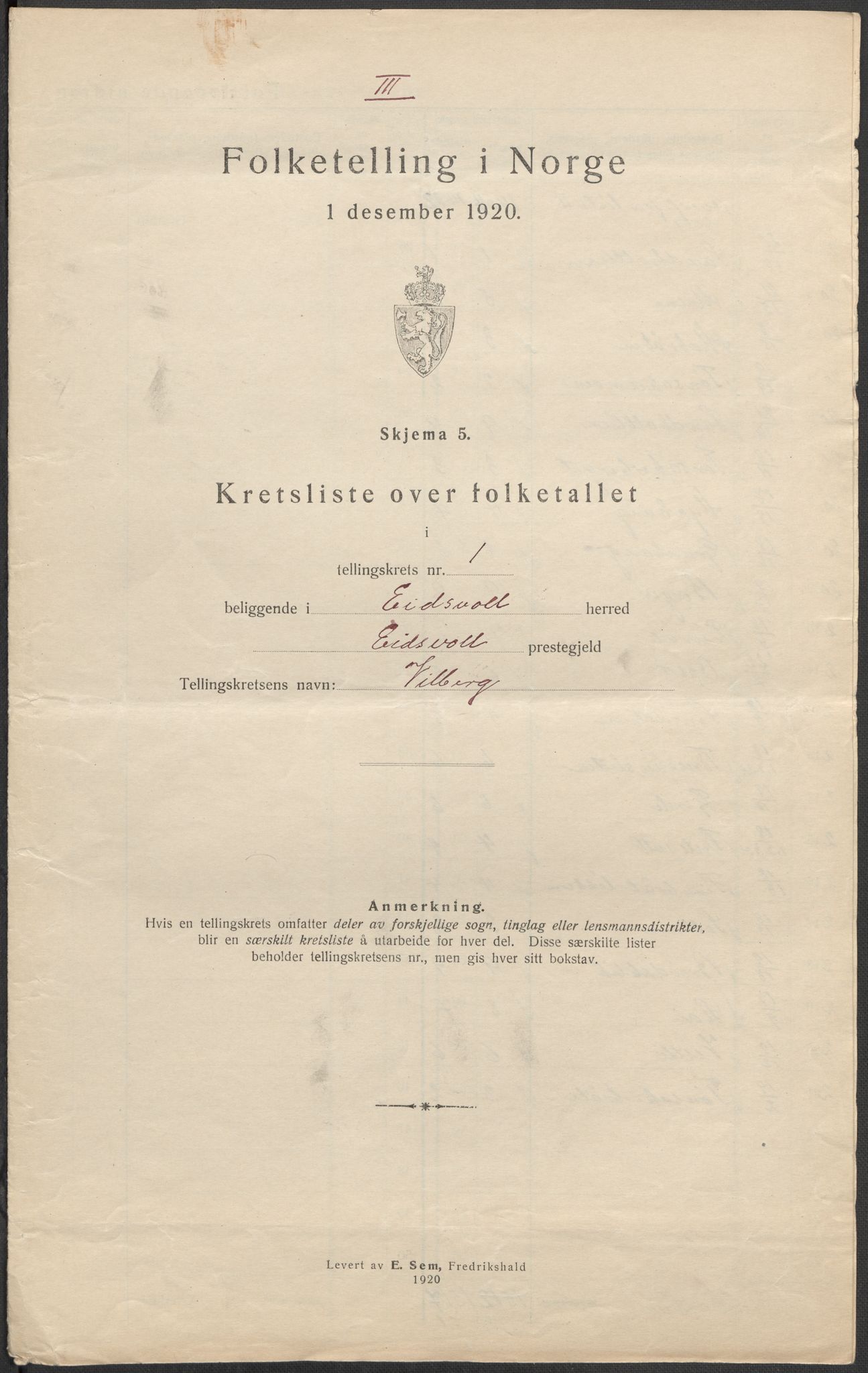 SAO, 1920 census for Eidsvoll, 1920, p. 10