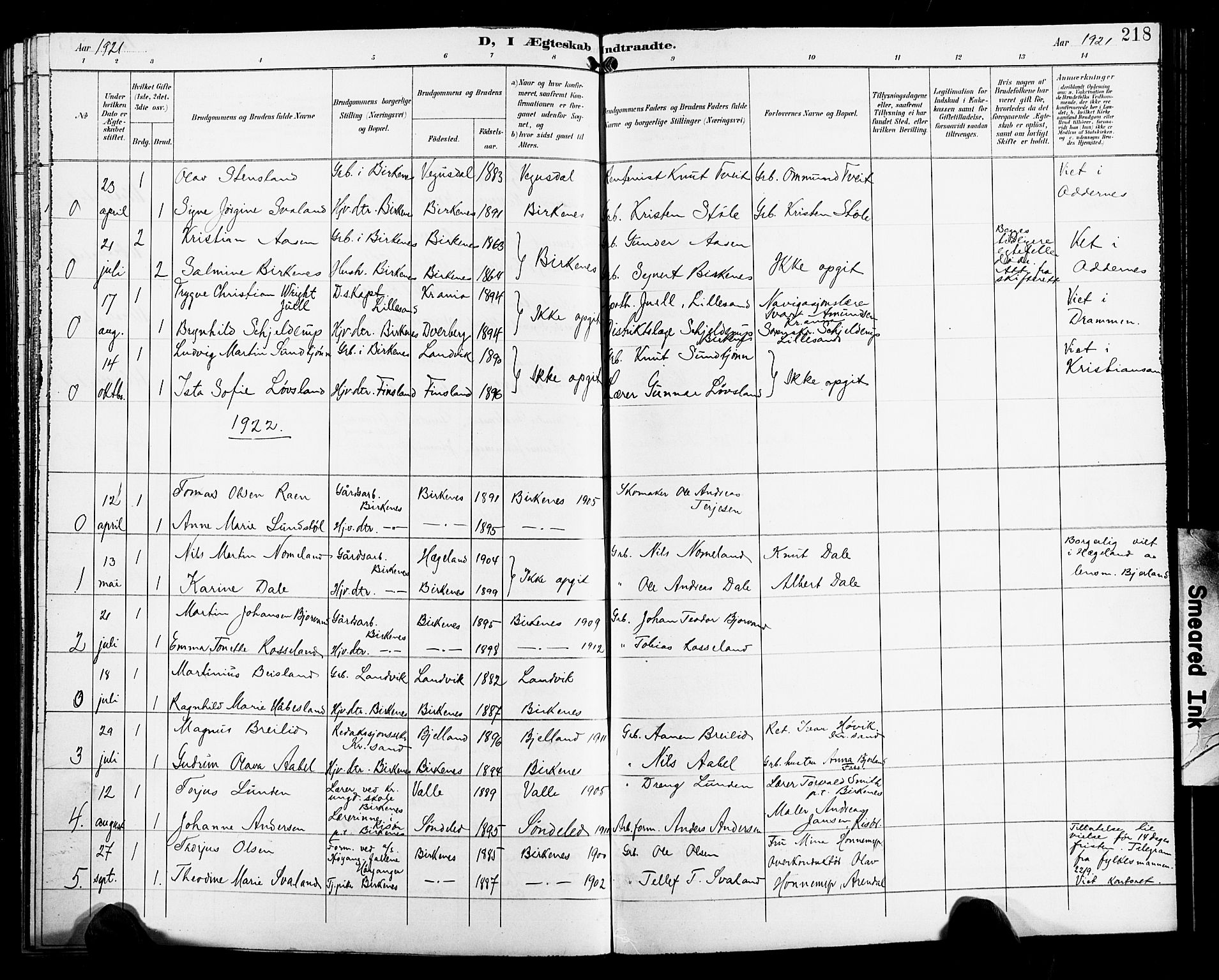 Birkenes sokneprestkontor, SAK/1111-0004/F/Fb/L0004: Parish register (copy) no. B 4, 1893-1930, p. 218