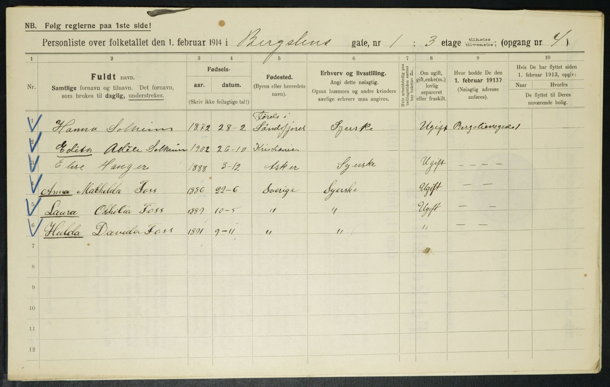 OBA, Municipal Census 1914 for Kristiania, 1914, p. 4030