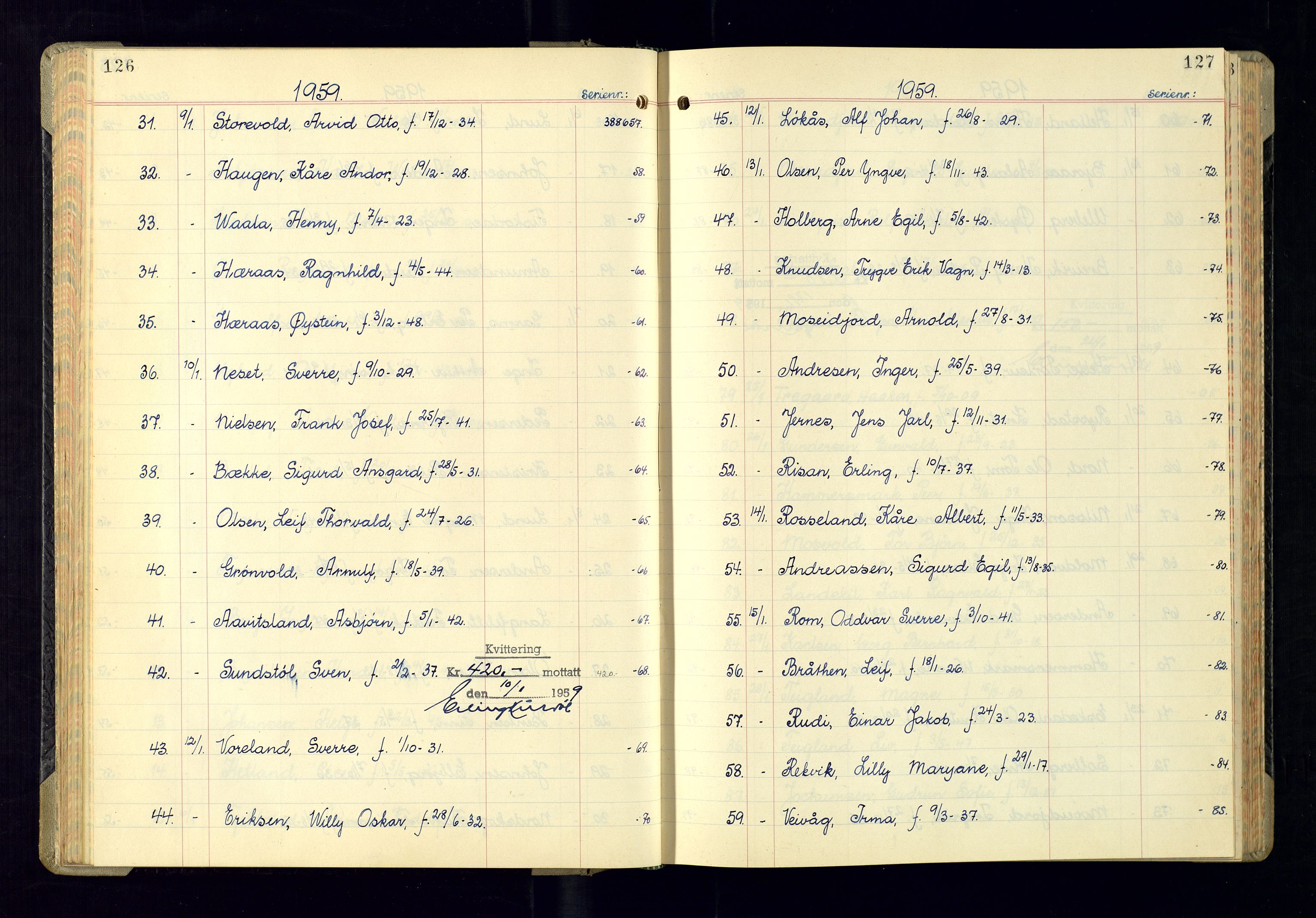 Kristiansand politikammer - 2, AV/SAK-1243-0009/K/Ka/Kaa/L0614: Passprotokoll, liste med løpenumre, 1958-1962, p. 126-127