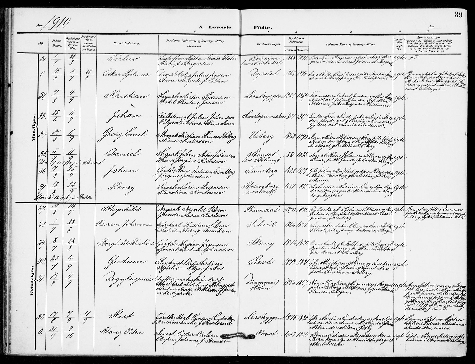 Sande Kirkebøker, AV/SAKO-A-53/F/Fa/L0008: Parish register (official) no. 8, 1904-1921, p. 39