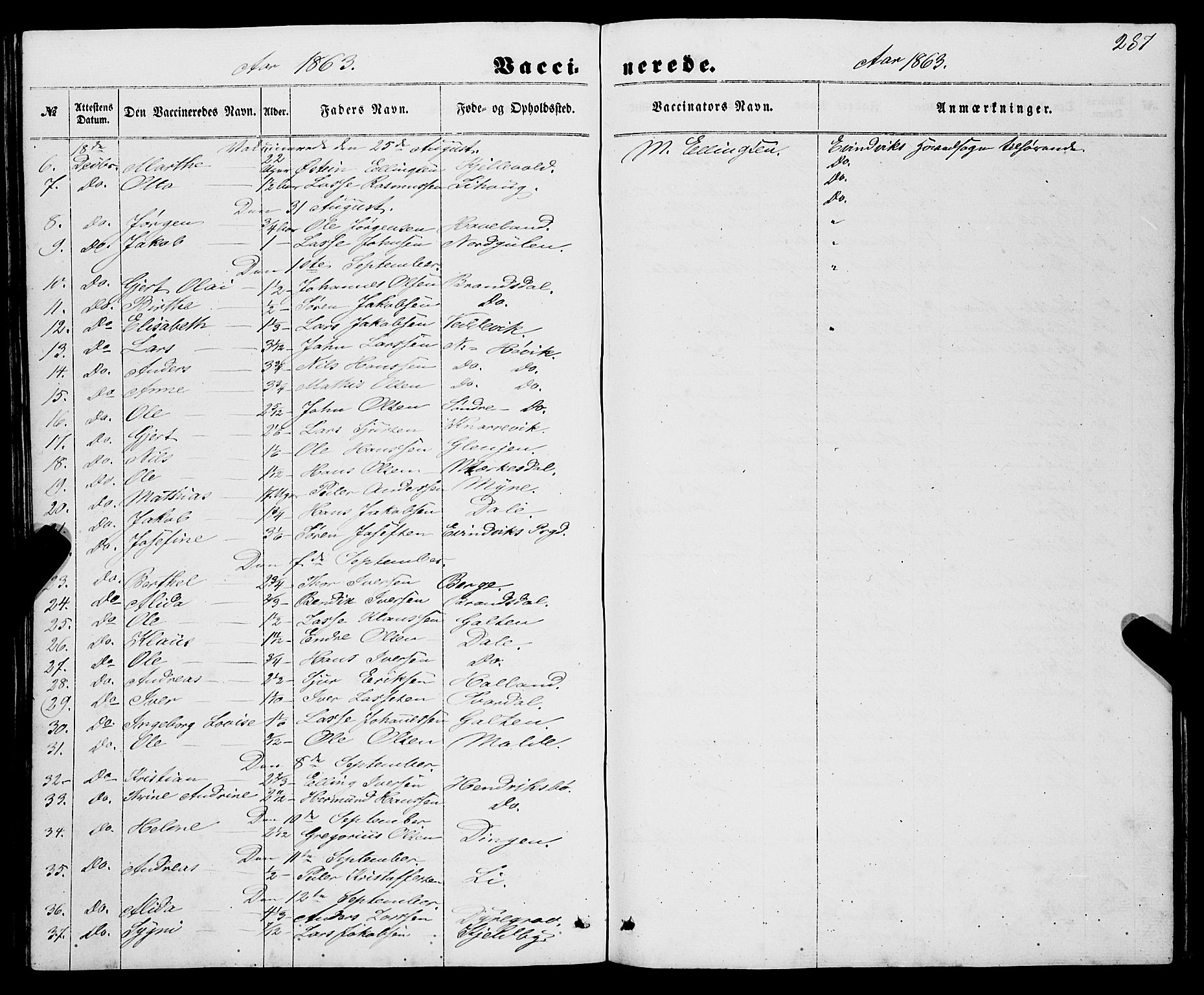 Gulen sokneprestembete, SAB/A-80201/H/Haa/Haaa/L0022: Parish register (official) no. A 22, 1859-1869, p. 287