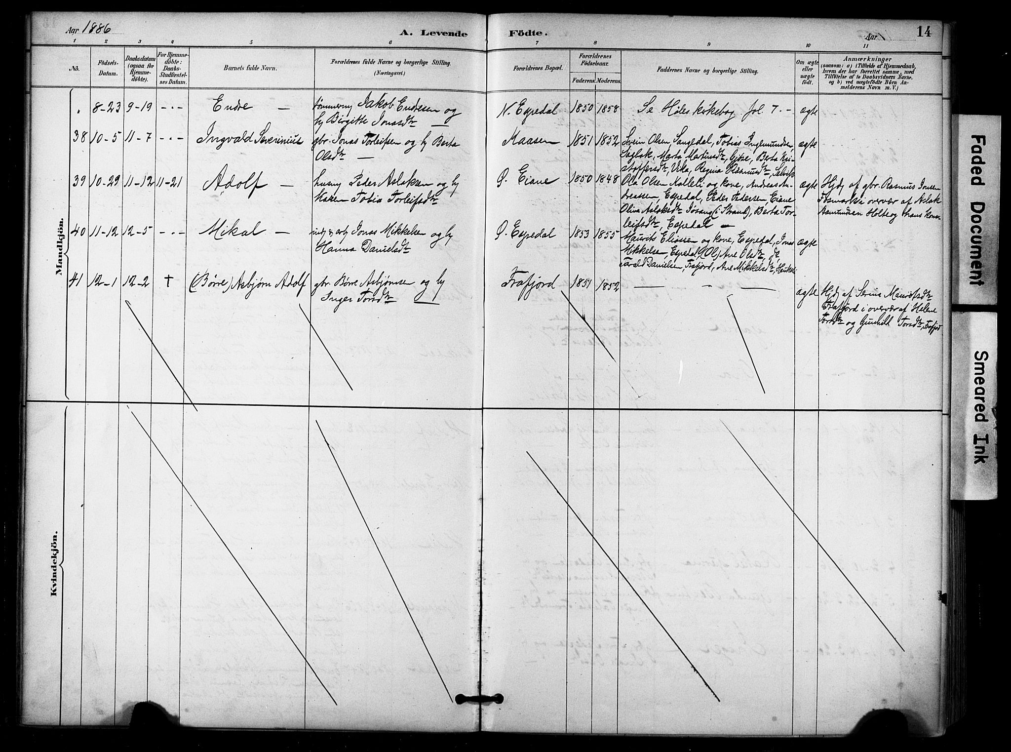 Høgsfjord sokneprestkontor, SAST/A-101624/H/Ha/Haa/L0006: Parish register (official) no. A 6, 1885-1897, p. 14