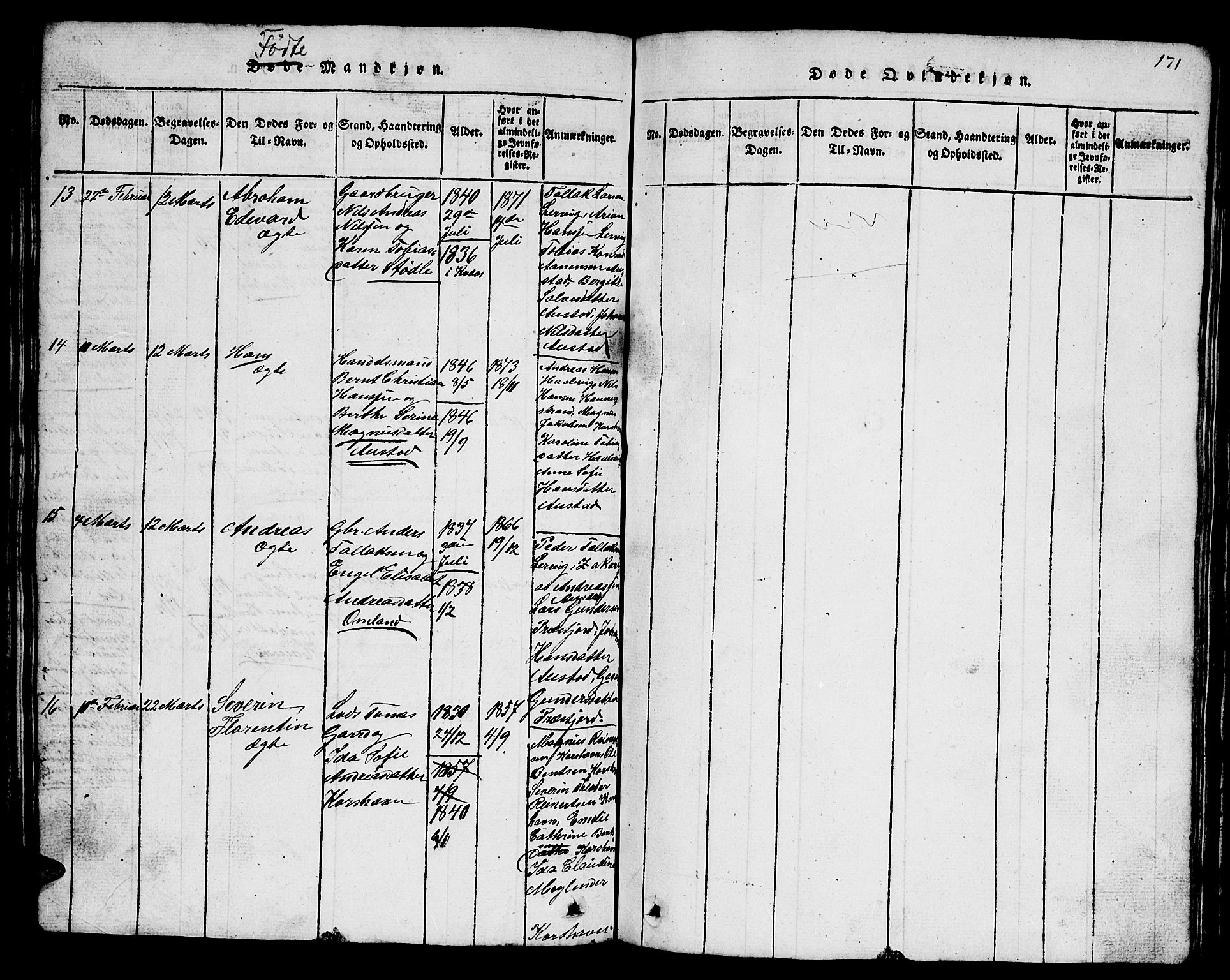 Lyngdal sokneprestkontor, AV/SAK-1111-0029/F/Fb/Fba/L0001: Parish register (copy) no. B 1, 1816-1876, p. 171