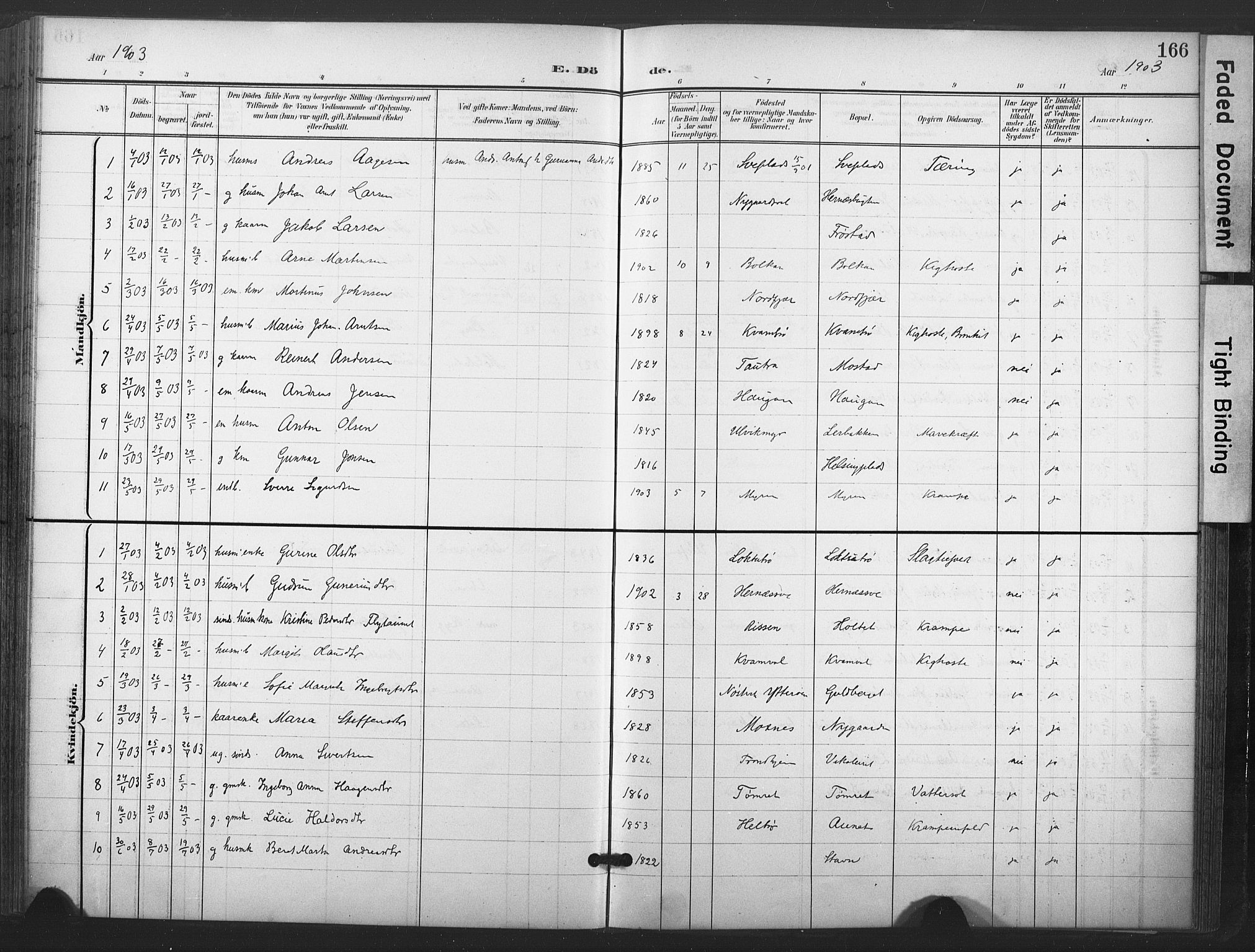 Ministerialprotokoller, klokkerbøker og fødselsregistre - Nord-Trøndelag, AV/SAT-A-1458/713/L0122: Parish register (official) no. 713A11, 1899-1910, p. 166