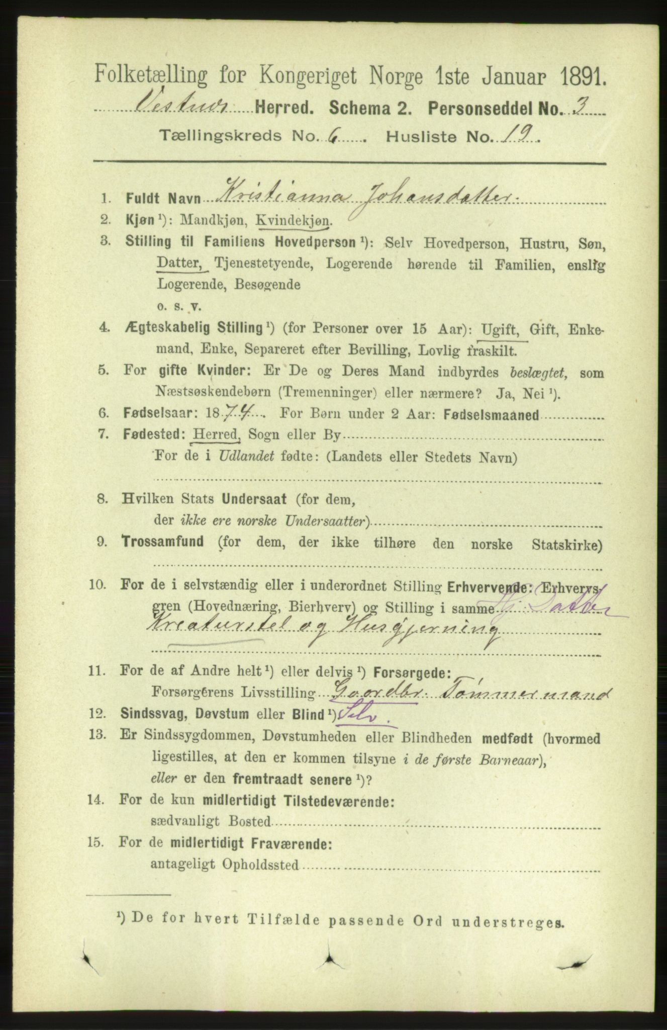 RA, 1891 census for 1535 Vestnes, 1891, p. 2284