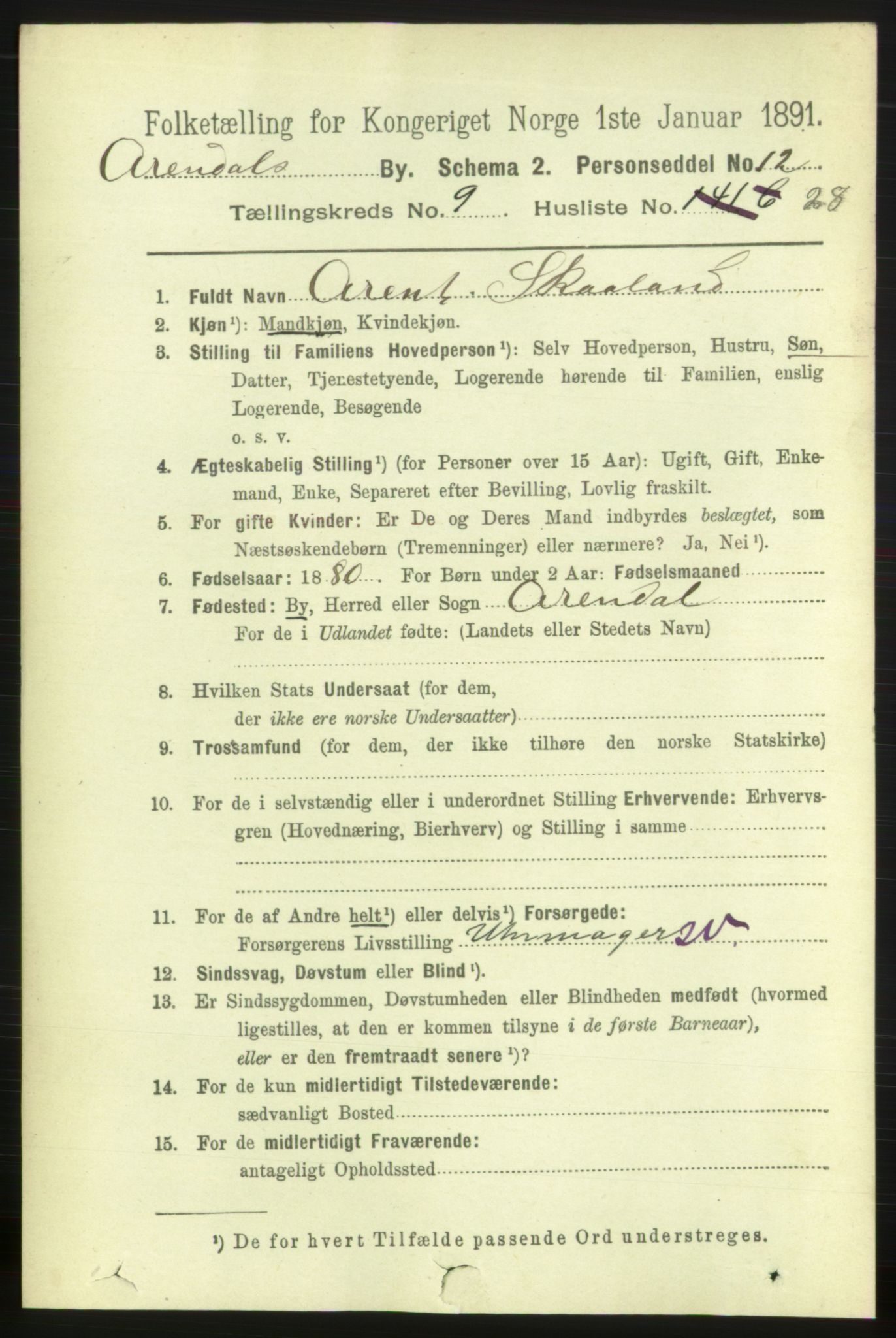 RA, 1891 census for 0903 Arendal, 1891, p. 3521