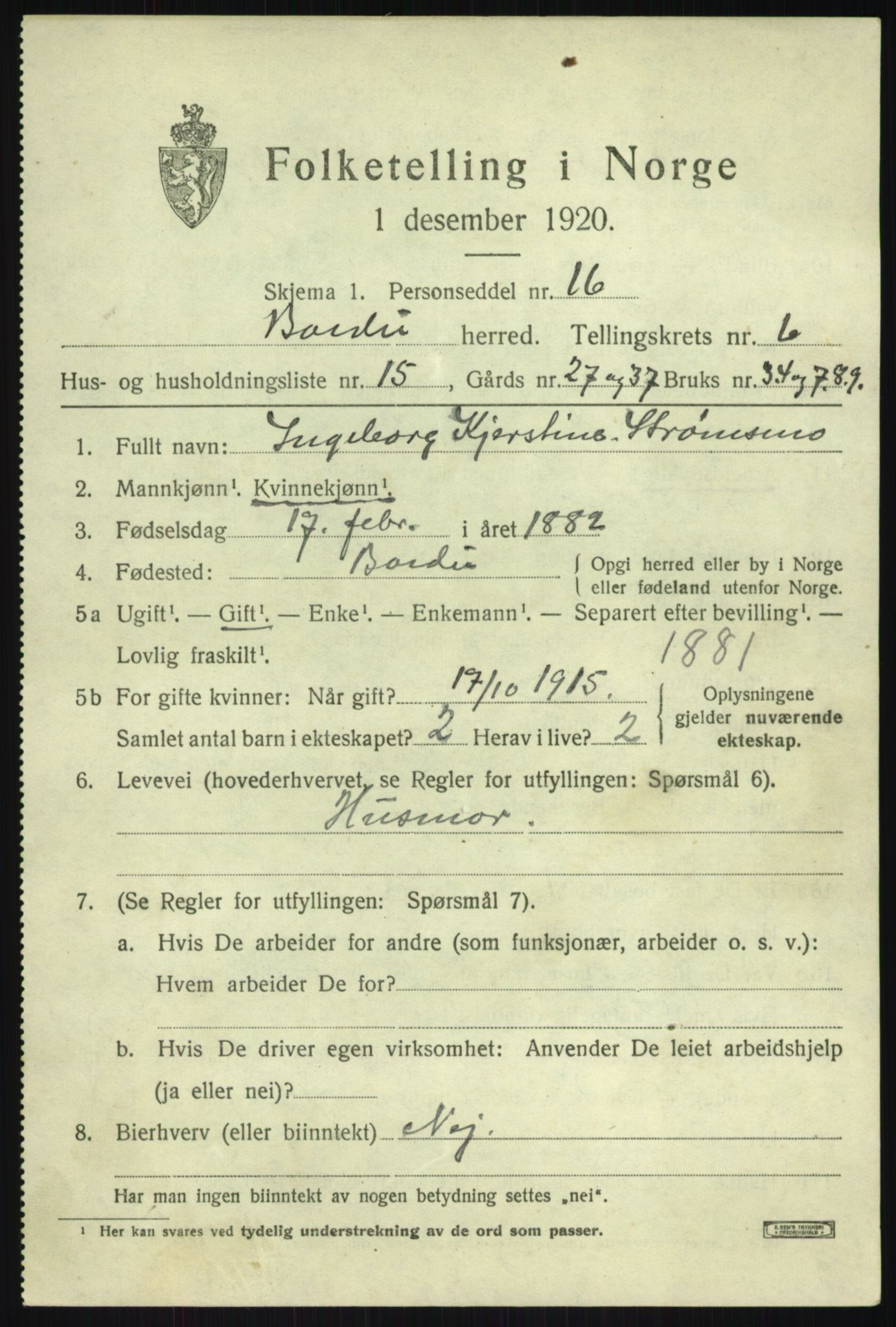 SATØ, 1920 census for Bardu, 1920, p. 2704